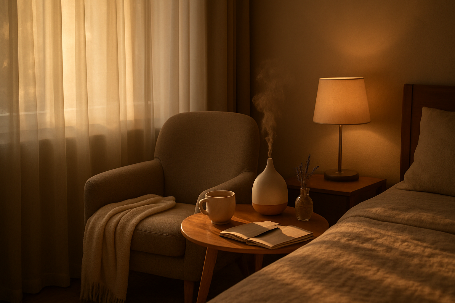 Create a realistic image of a serene bedroom scene during golden hour with soft, warm lighting filtering through sheer curtains, featuring a cozy reading nook with a comfortable armchair, a small side table with herbal tea, essential oil diffuser releasing gentle mist, journal and pen, soft throw blanket, dim bedside lamp, and lavender sprigs in a small vase, creating a peaceful atmosphere for evening relaxation and self-care rituals, with muted earth tones and calming colors throughout the space, absolutely NO text should be in the scene.