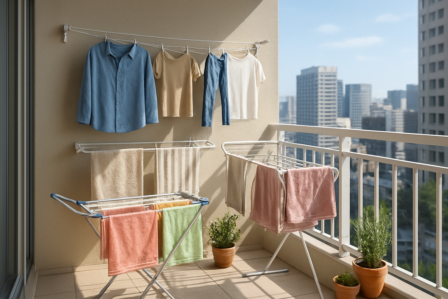 Create a realistic image of a small apartment balcony with multiple creative clothes drying solutions including a compact foldable drying rack with colorful laundry, retractable clotheslines stretched across the balcony with hanging garments, an over-the-railing drying rack with towels, wall-mounted drying bars with shirts and pants, and a portable clothes horse positioned to catch sunlight, with potted plants on the floor, urban cityscape in the background, bright natural daylight creating a clean and organized atmosphere, showing efficient use of limited space. Absolutely NO text should be in the scene.