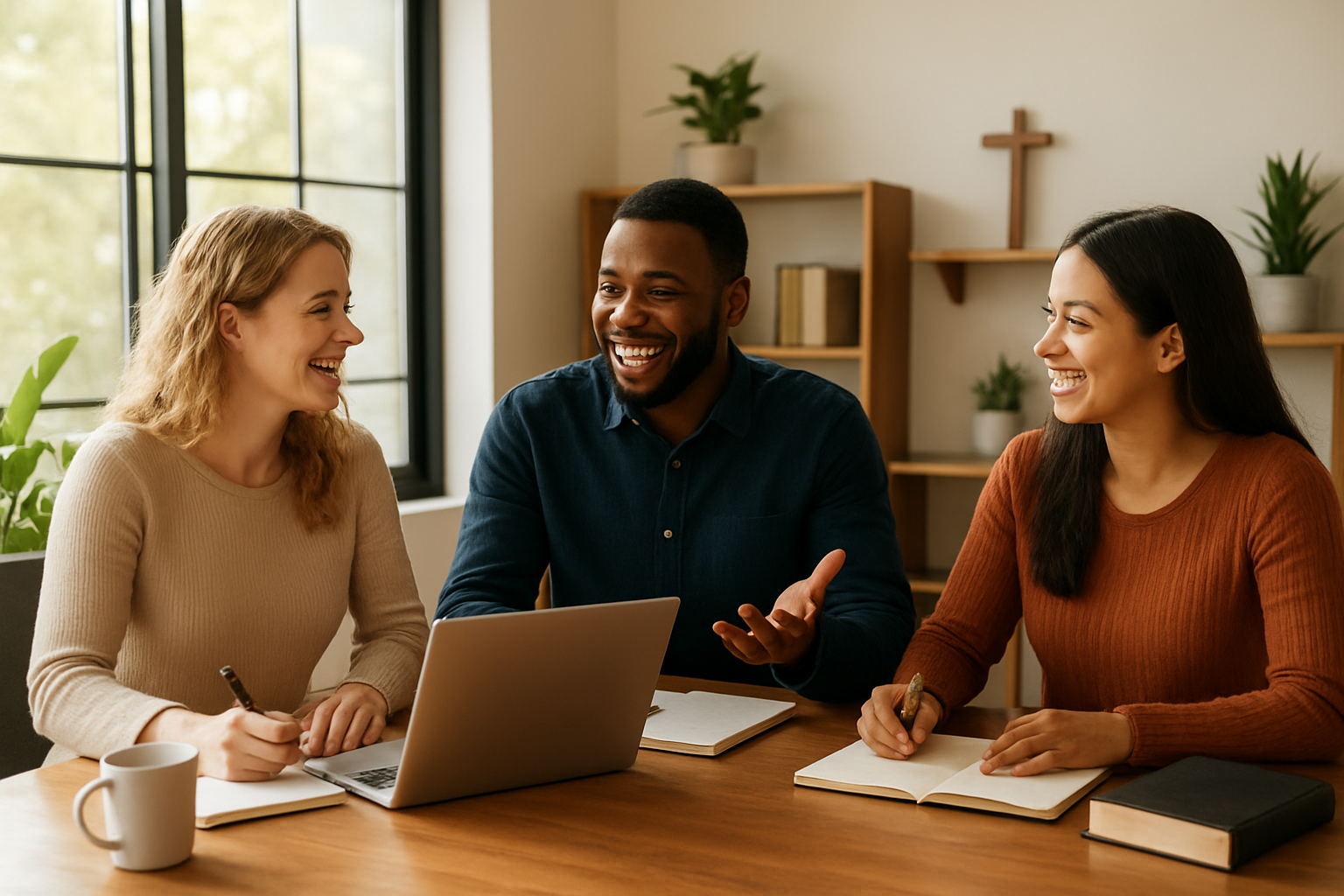 Create a realistic image of a diverse group of Christians including a white female, black male, and Hispanic female sitting around a modern wooden table with laptops, notebooks, and coffee cups, brainstorming and planning their faith-based businesses, with warm natural lighting streaming through large windows, Christian symbols like a small cross and Bible subtly placed on a nearby shelf, plants and modern office decor in the background creating an inspiring and purposeful atmosphere that represents the successful completion of exploring various Christian side hustle opportunities, absolutely NO text should be in the scene.