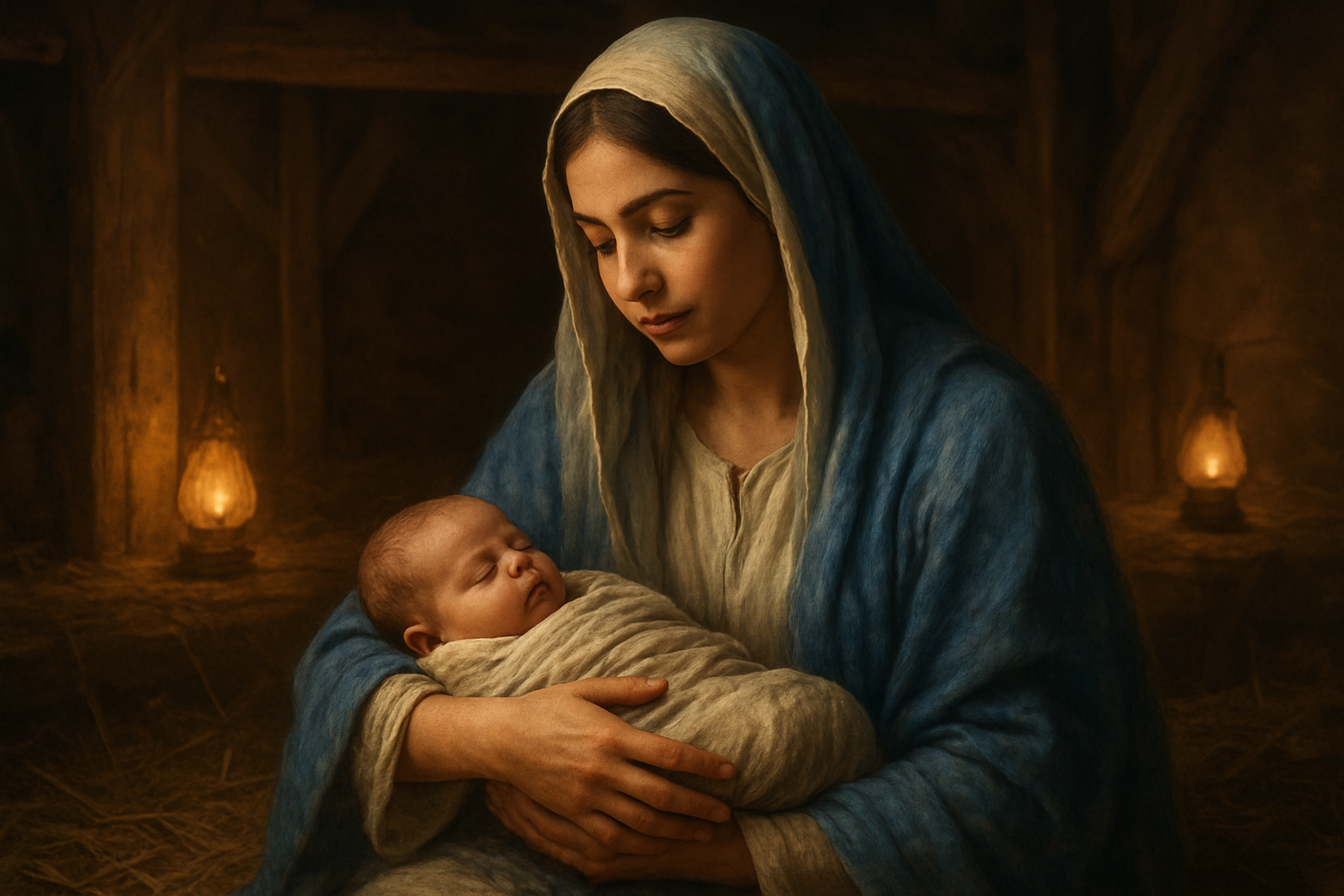 Create a realistic image of a young Middle Eastern woman with gentle, serene features wearing flowing blue and white robes, tenderly holding a newborn baby wrapped in simple cloth swaddling, set in a humble stable environment with warm golden lighting from oil lamps, hay scattered on the ground, wooden beams visible in the background, conveying a peaceful and sacred maternal moment with soft shadows and a reverent atmosphere. Absolutely NO text should be in the scene.