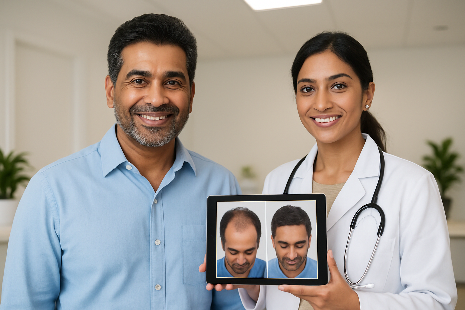 Create a realistic image of a middle-aged Indian male patient with thick, healthy hair growth looking satisfied and confident, standing next to a South Asian female doctor in a white coat holding a medical tablet showing before/after hair treatment comparison photos, inside a modern medical clinic with clean white walls, professional lighting, potted plants in the background, warm and encouraging atmosphere conveying successful medical treatment outcomes, absolutely NO text should be in the scene.