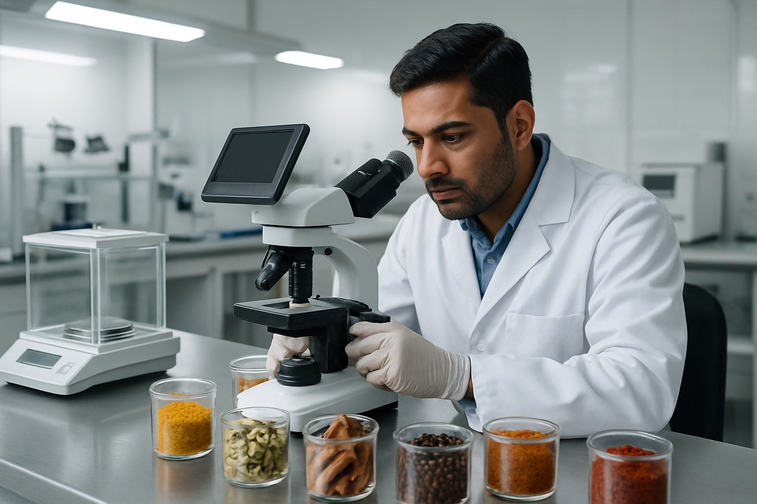 Create a realistic image of a modern spice quality control laboratory with a South Asian male quality inspector in a white lab coat examining various colorful Indian spices (turmeric, cardamom, cinnamon, black pepper) using advanced testing equipment including digital microscopes and precision scales, with multiple glass sample containers filled with different spices arranged on a clean stainless steel laboratory table, proper laboratory lighting with bright white LED illumination, and a professional sterile environment with modern testing instruments in the background, conveying precision and advanced sourcing methodology, absolutely NO text should be in the scene.