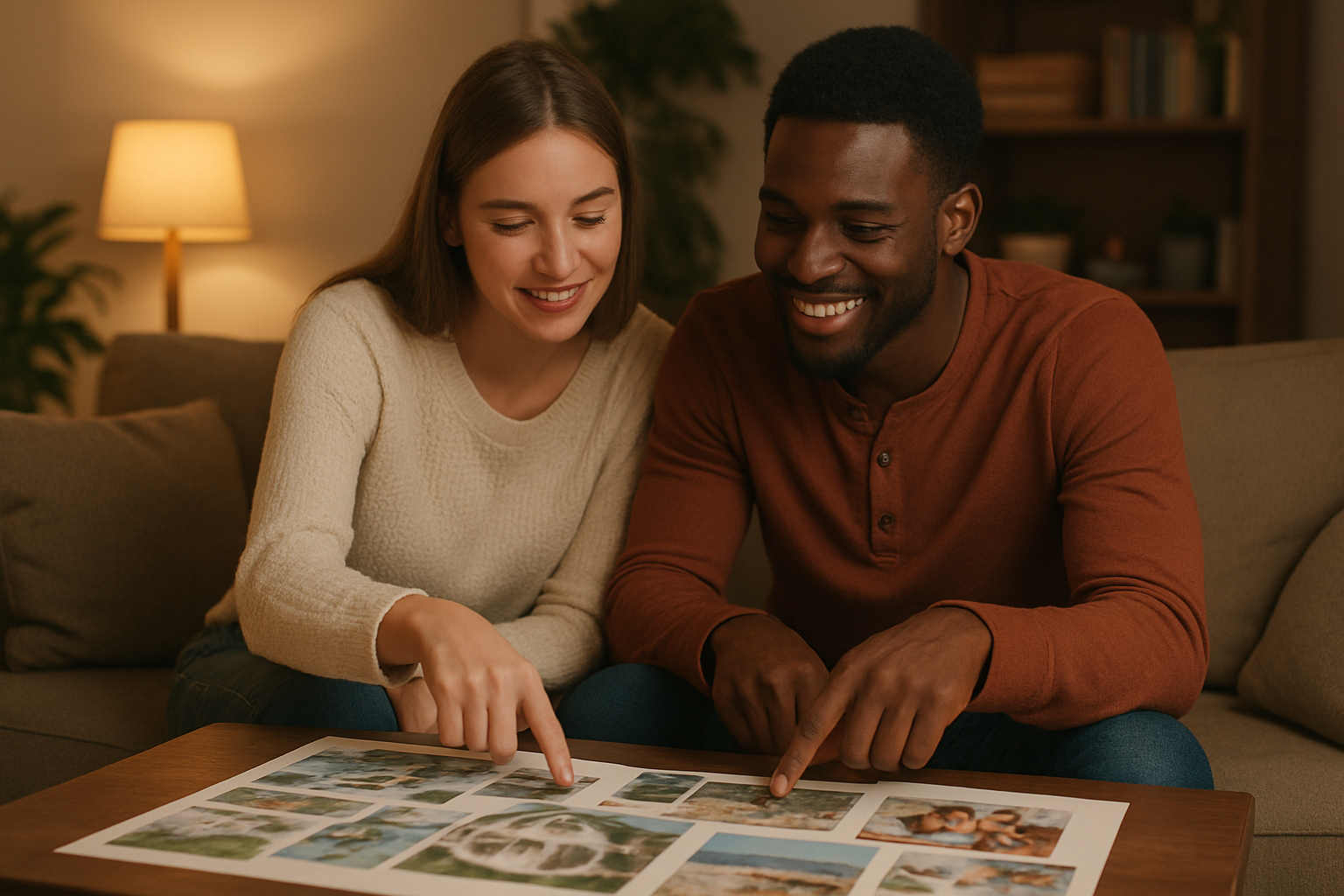 Create a realistic image of a young white female and black male couple sitting together on a comfortable couch in a cozy living room, both looking at a shared vision board or planning materials spread on a coffee table in front of them, with items like travel photos, house sketches, and family images visible, soft warm lighting from a nearby lamp creating an intimate atmosphere, both individuals pointing at and discussing the materials with engaged expressions showing unity and shared excitement about their future plans, houseplants and bookshelves in the blurred background suggesting a harmonious home environment, absolutely NO text should be in the scene.