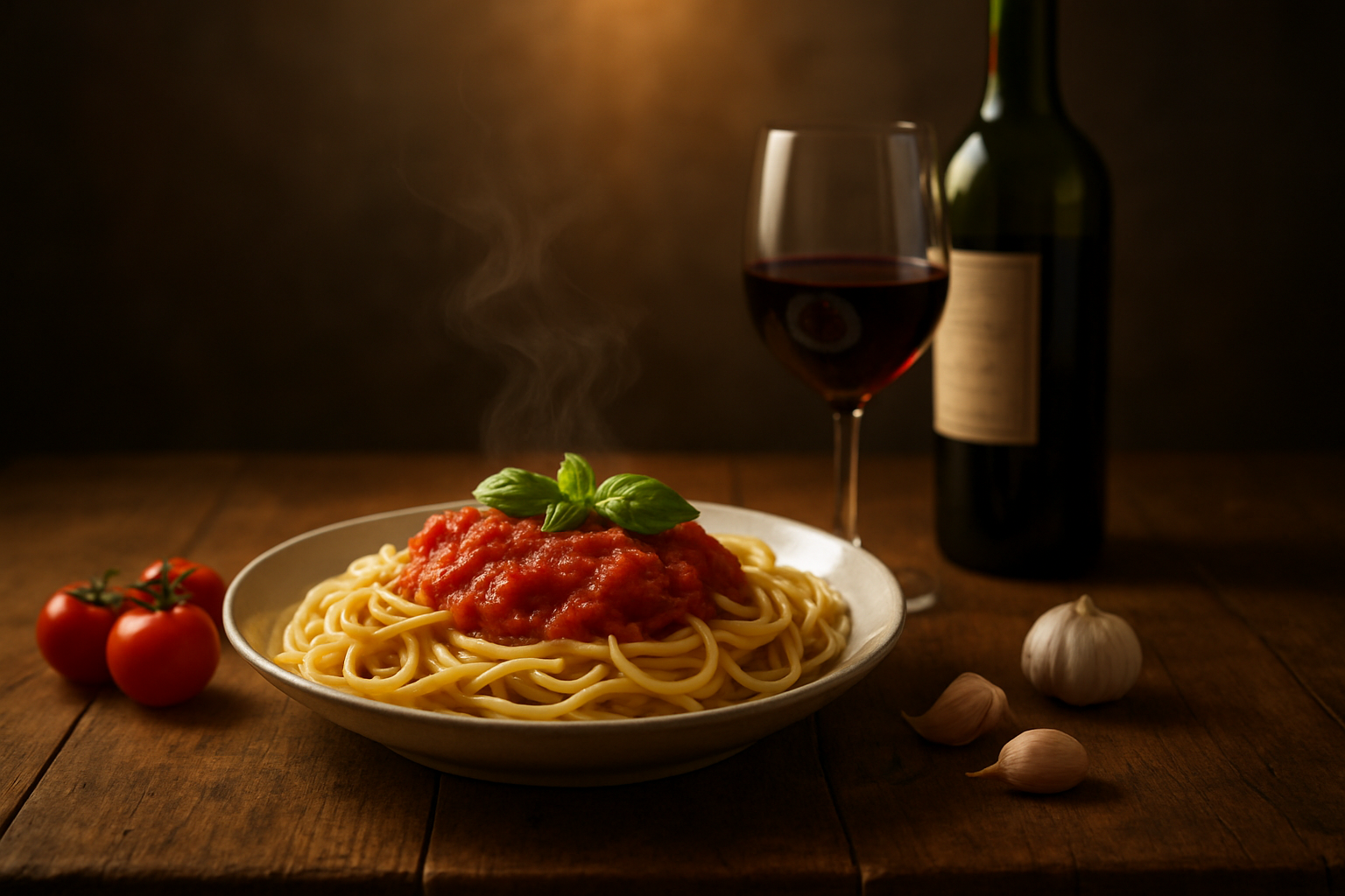 Create a realistic image of a rustic wooden dining table featuring a steaming plate of spaghetti with rich red tomato sauce garnished with fresh basil leaves, accompanied by an elegant wine glass filled with red wine and a wine bottle with a visible label, soft warm lighting from above creating an inviting atmosphere, with additional pasta ingredients like cherry tomatoes and garlic cloves artfully arranged around the scene, absolutely NO text should be in the scene.