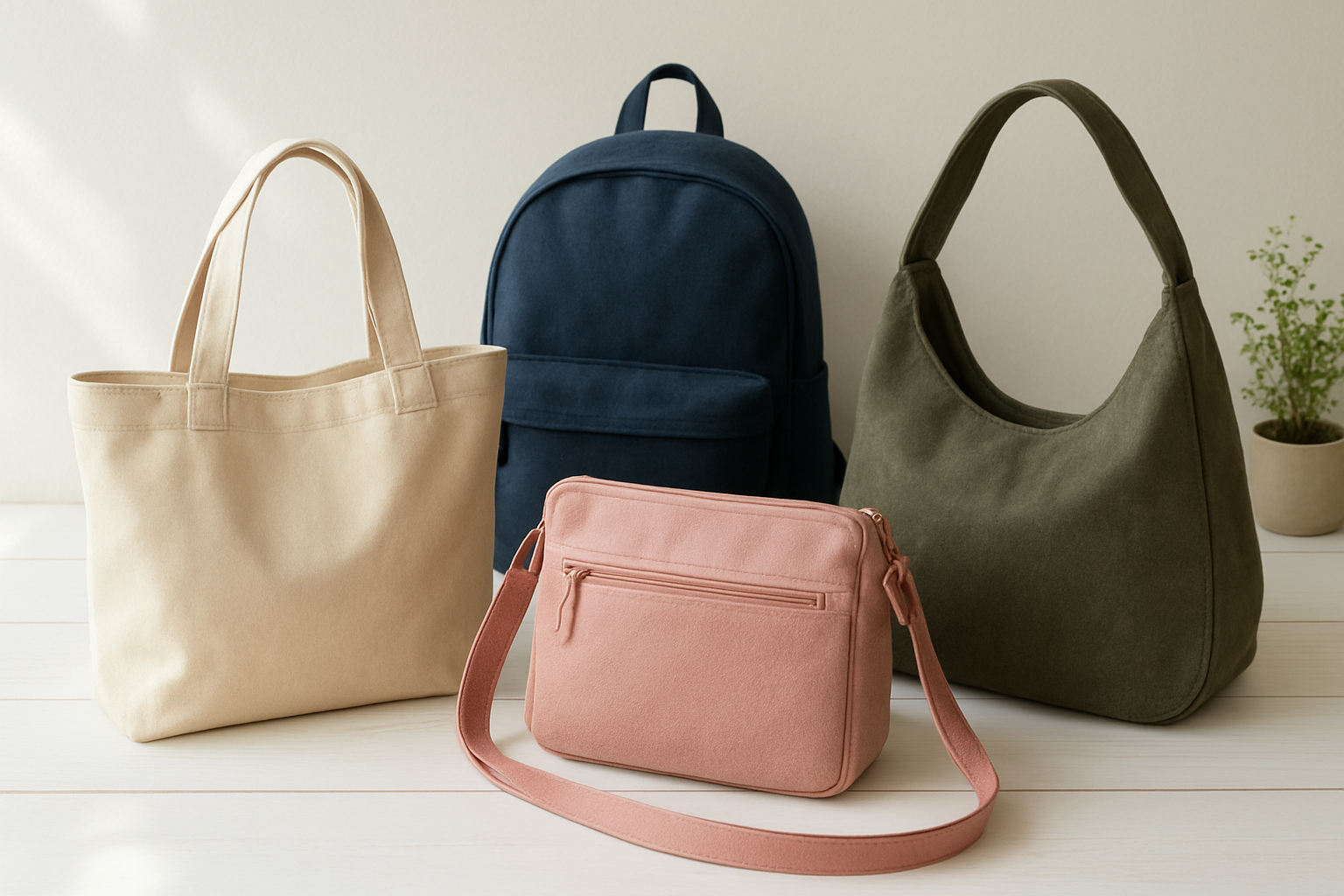 Create a realistic image of a collection of casual handbags including canvas tote bags, crossbody bags, backpacks, and slouchy hobo bags arranged on a clean white wooden surface, with each bag displaying different colors like navy blue, beige, soft pink, and olive green, featuring various textures and materials that suggest different personality traits, with natural daylight streaming from the left side creating soft shadows, and a minimalist background with subtle home decor elements like a small potted plant, absolutely NO text should be in the scene.