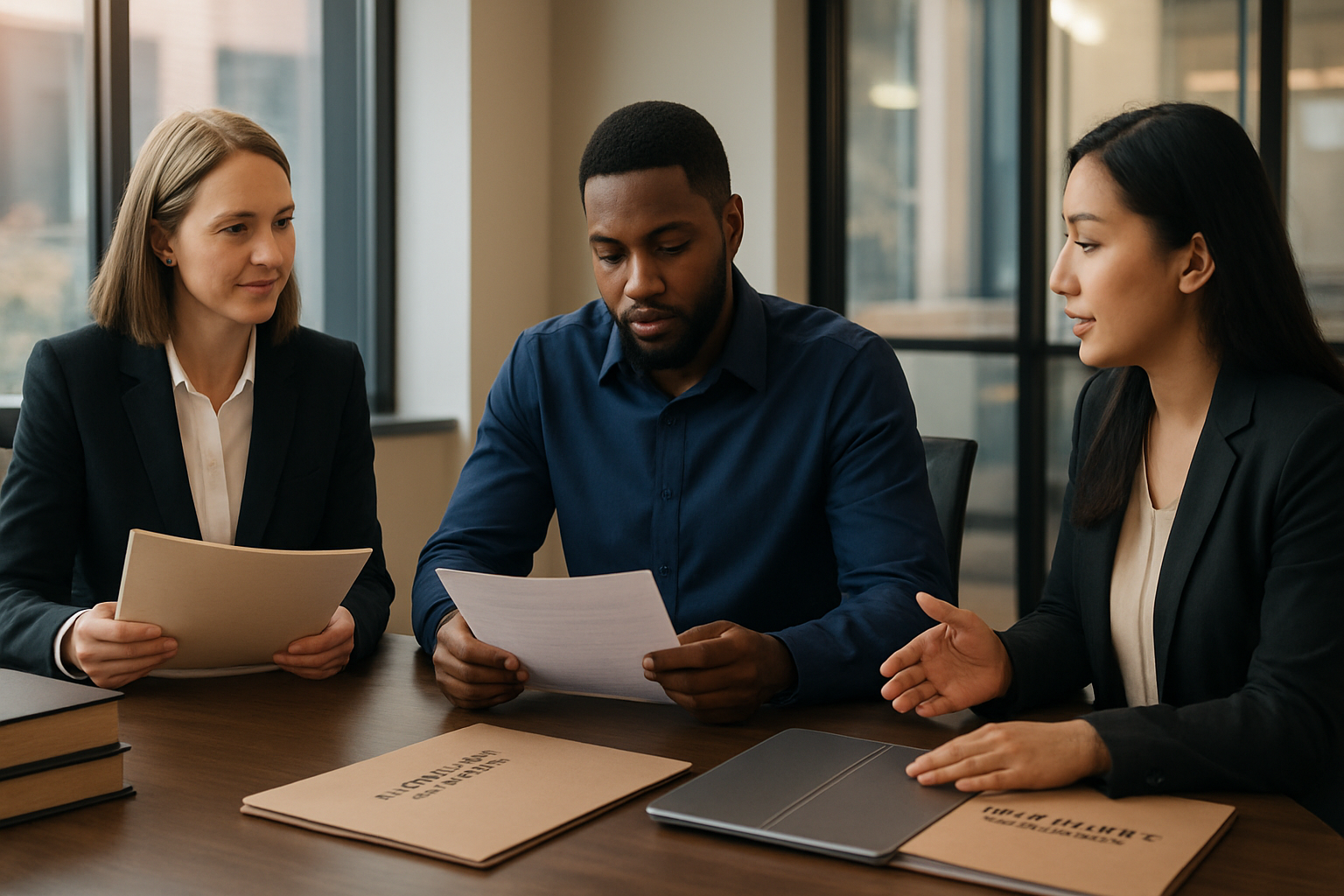 Create a realistic image of a diverse group of professionals including a white female lawyer in a business suit holding legal documents, a black male job seeker reviewing paperwork at a modern desk, and an Asian female HR representative providing guidance, all seated around a sleek conference table in a contemporary office setting with law books, employment contract folders, and a laptop displaying legal resources on screen, with warm natural lighting from large windows creating a professional and supportive atmosphere, absolutely NO text should be in the scene.