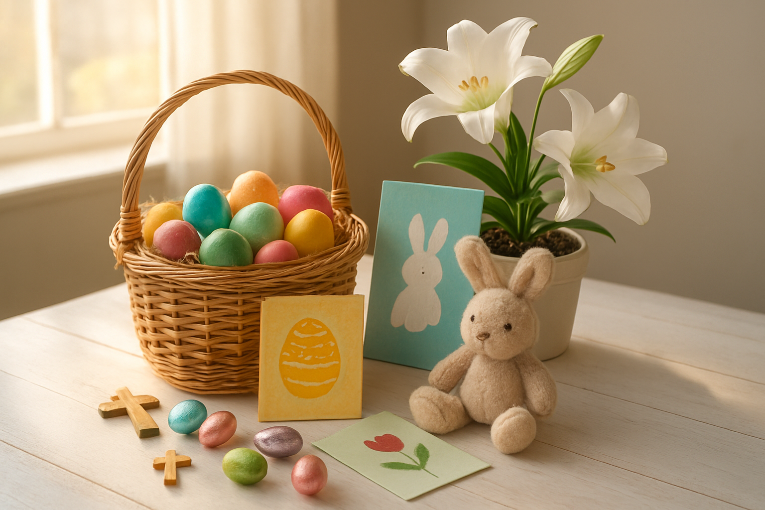 Create a realistic image of a beautifully arranged collection of meaningful Easter gifts displayed on a white wooden table, including a woven Easter basket filled with colorful eggs, a small potted lily plant with white blooms, handmade Easter cards, a soft stuffed bunny toy, chocolate eggs wrapped in pastel foil, and small religious cross ornaments, all arranged in warm natural lighting from a nearby window with soft shadows, creating a joyful and peaceful Easter atmosphere. Absolutely NO text should be in the scene.