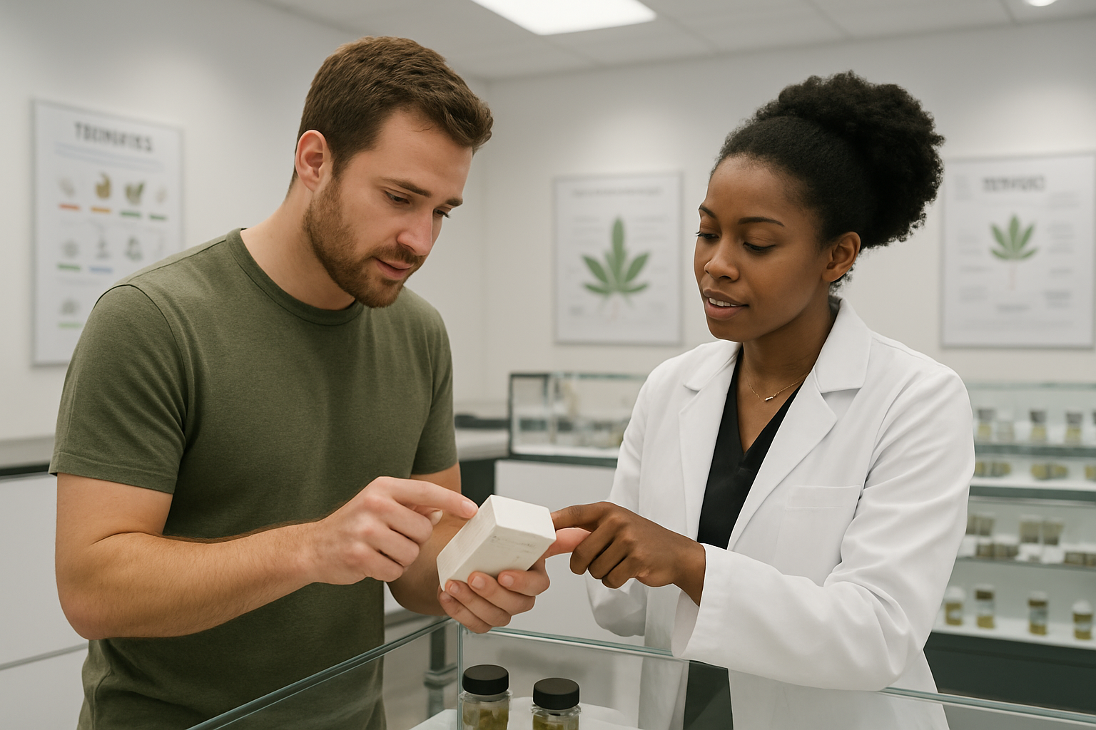 Create a realistic image of an adult white male customer in his 30s examining cannabis product labels at a modern, well-lit dispensary counter while a professional black female budtender points to terpene information on product packaging, with glass display cases containing various cannabis products in the background, clean white walls, bright overhead lighting, educational posters about terpenes visible on walls, and a professional medical atmosphere, absolutely NO text should be in the scene.