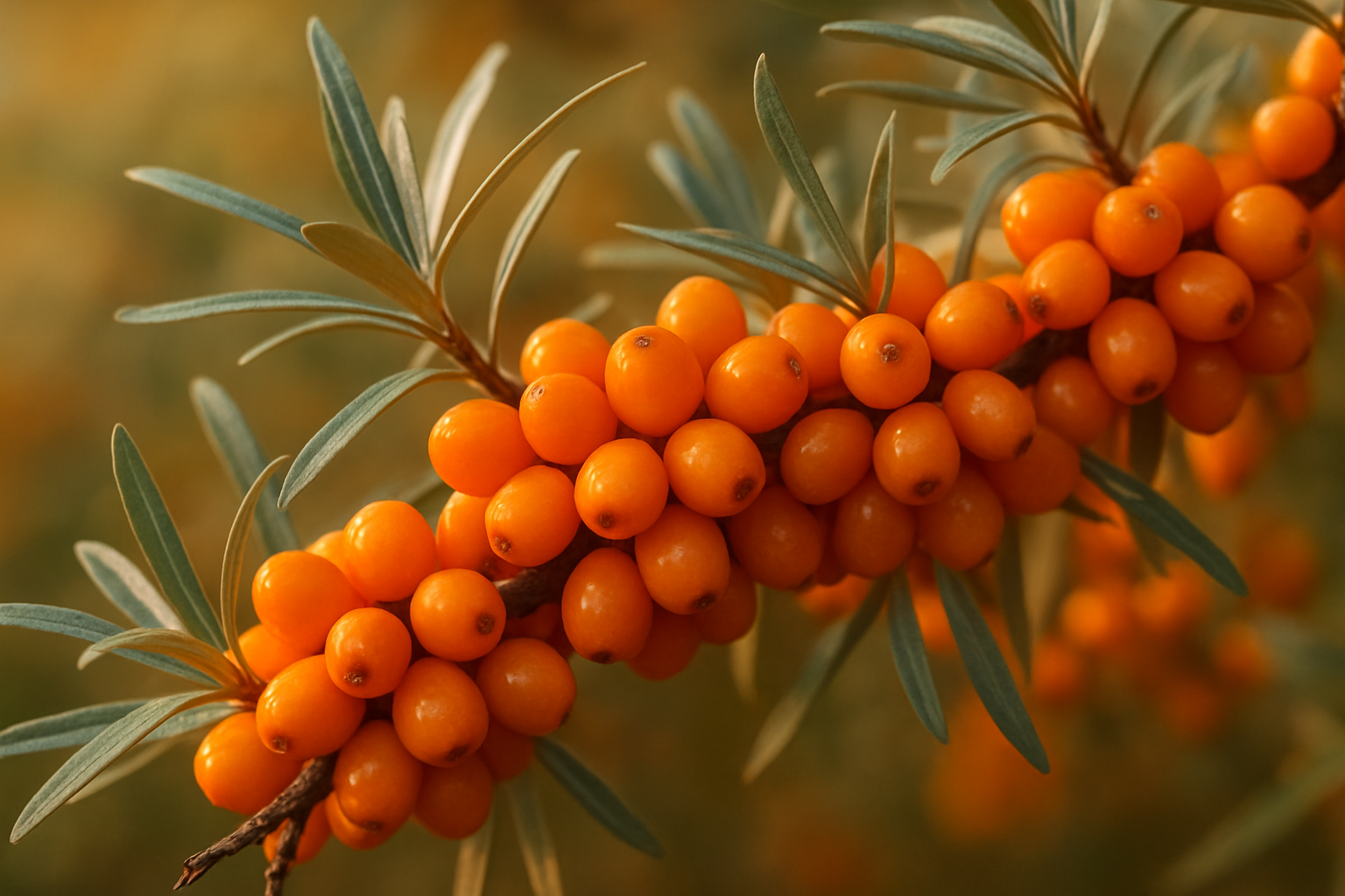 Create a realistic image of vibrant orange sea buckthorn berries clustered densely on thorny branches with silvery-green leaves, showcasing a close-up view that highlights the berries' glossy, nutrient-rich appearance, set against a soft-focused natural background with warm, golden lighting that emphasizes the berries' natural glow and nutritional abundance, Absolutely NO text should be in the scene.