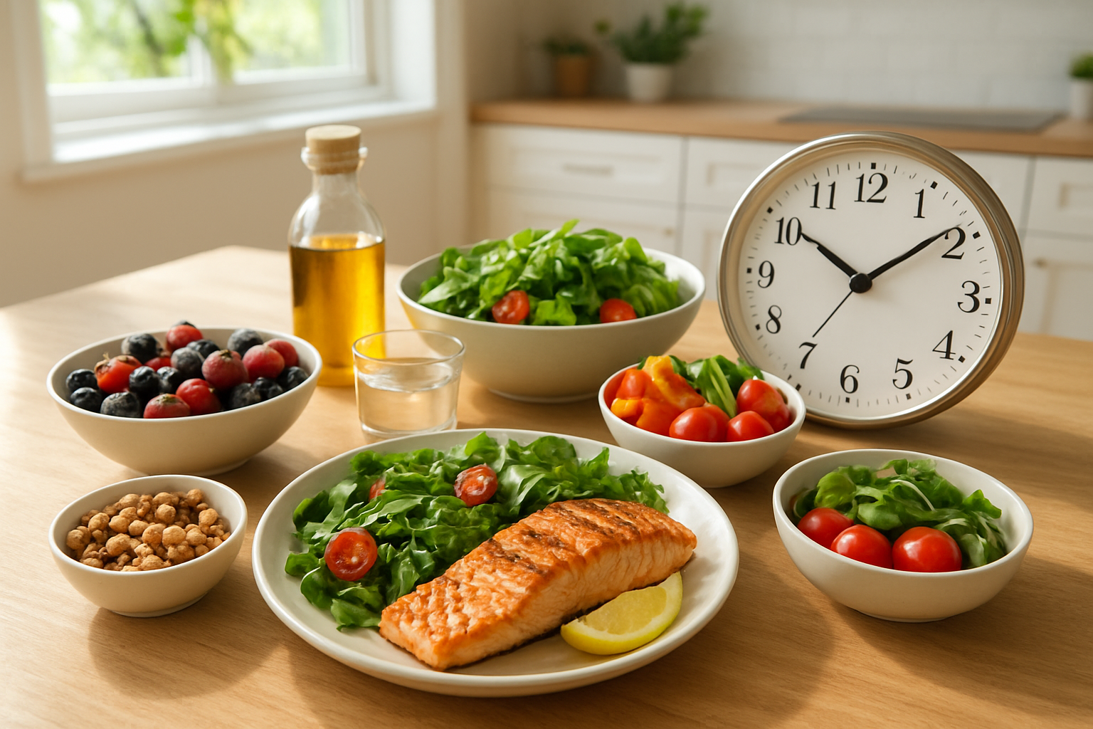 Create a realistic image of a beautifully arranged dining table showcasing optimal longevity foods including colorful Mediterranean-style meals with grilled salmon, mixed berries, leafy greens, nuts, olive oil, and fresh vegetables, alongside an elegant clock showing different meal times to represent eating patterns, set in a bright, clean modern kitchen with natural sunlight streaming through windows, creating a fresh and healthy atmosphere that conveys vitality and wellness, absolutely NO text should be in the scene.