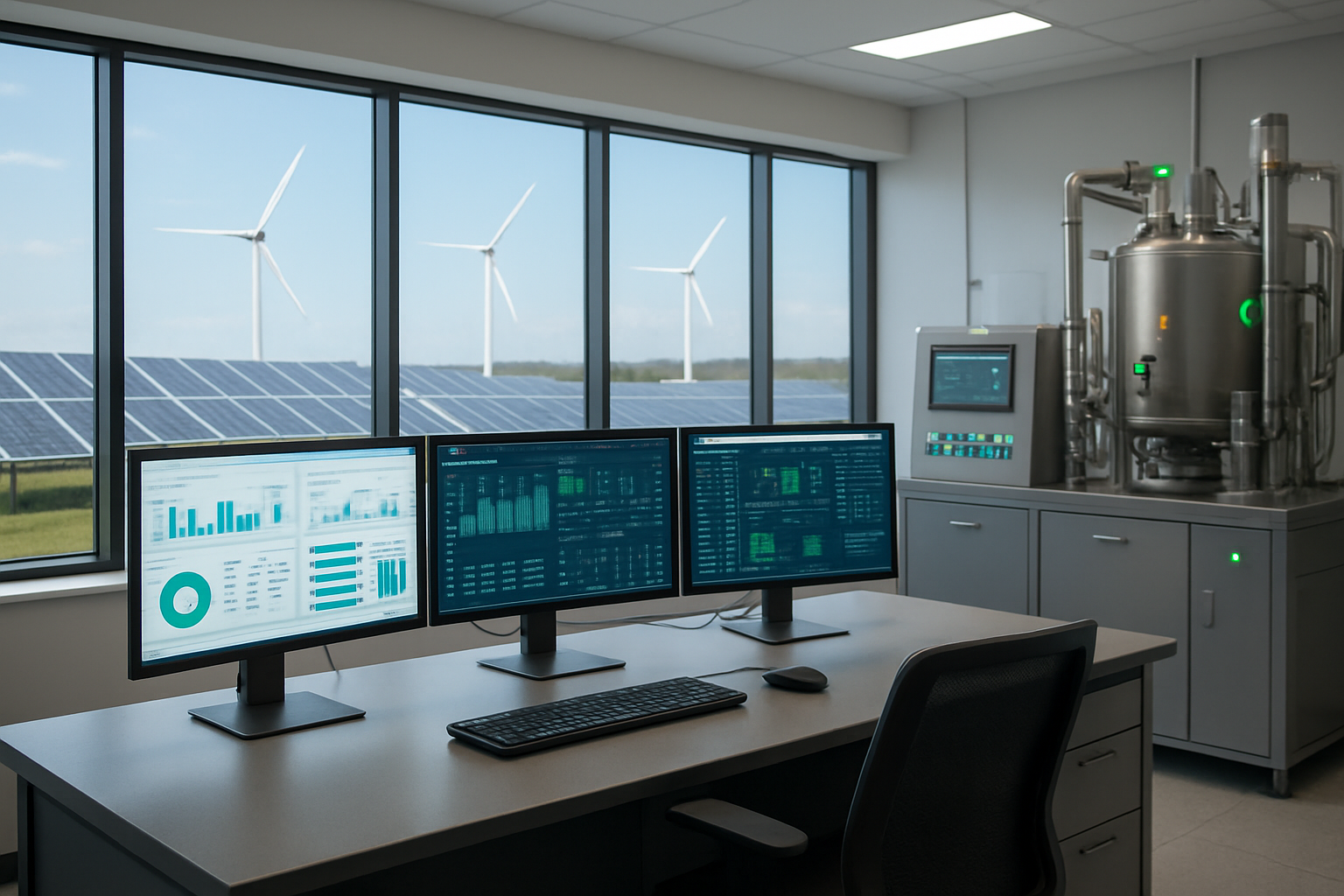 Create a realistic image of a modern energy facility control room with multiple computer monitors displaying environmental compliance data and safety metrics, featuring solar panels and wind turbines visible through large windows in the background, with advanced AI monitoring systems showing green indicator lights, clean industrial equipment with safety sensors, and a bright, professional atmosphere that conveys technological advancement and environmental responsibility, absolutely NO text should be in the scene.