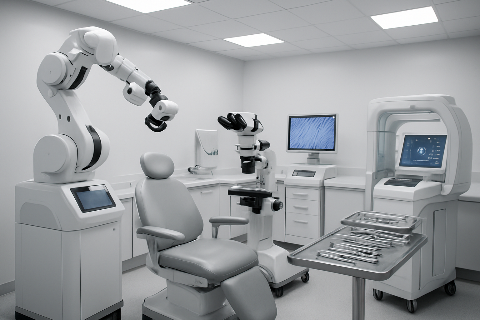 Create a realistic image of a modern hair transplant clinic interior showcasing advanced medical technology, featuring high-tech hair transplant equipment including robotic hair restoration devices, precision microscopes, and digital monitoring screens, sterile white medical environment with professional lighting, sleek metallic surgical instruments arranged on clean surfaces, futuristic hair analysis machines with LED displays, contemporary clinic furniture and medical chairs, bright clinical lighting creating a professional atmosphere, absolutely NO text should be in the scene.