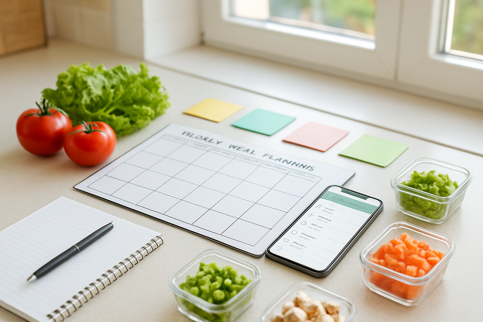 Create a realistic image of a clean, organized kitchen counter with meal planning tools spread out including a weekly calendar planner, colorful sticky notes, a smartphone displaying a meal planning app, fresh vegetables like tomatoes and lettuce, a notepad with a pen, and small glass containers with prepped ingredients, all arranged in an efficient and time-saving manner with bright natural lighting from a window, conveying productivity and organization for busy lifestyles, absolutely NO text should be in the scene.