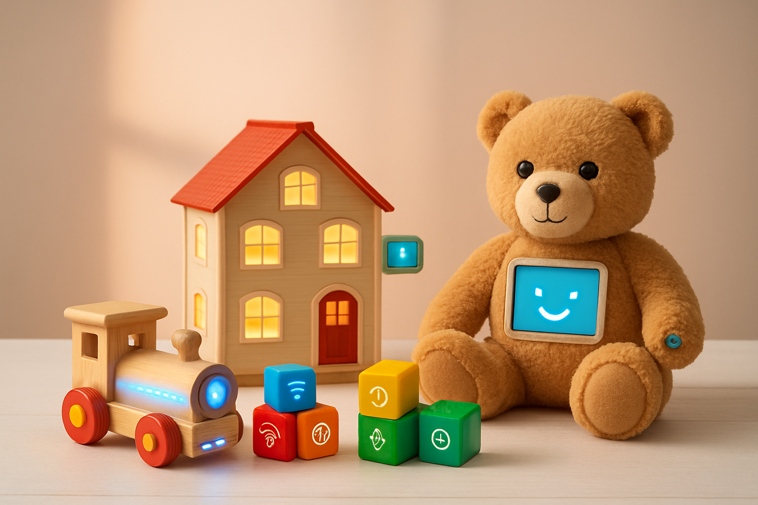 Create a realistic image of a bright, colorful toy display featuring classic toys reimagined with modern technology, including a wooden toy train with LED lights, a traditional teddy bear with interactive digital features, vintage-style building blocks with smart connectivity elements, and a classic dollhouse with modern LED lighting and electronic accessories, arranged on a clean white wooden table surface against a soft pastel background with warm natural lighting creating gentle shadows, evoking a festive Christmas gift shopping atmosphere. Absolutely NO text should be in the scene.