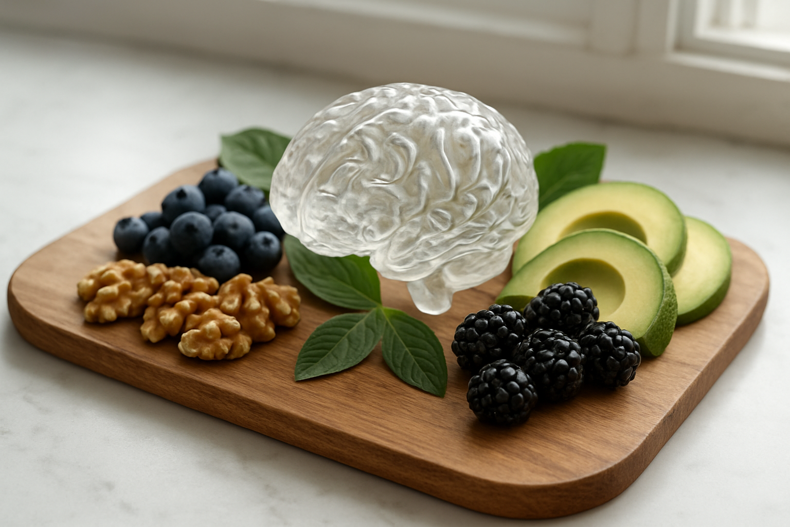 Create a realistic image of a wooden cutting board displaying brain-healthy fruits including blueberries, walnuts, avocado slices, and blackberries arranged artistically, with a human brain model made of clear glass or crystal placed prominently in the center, surrounded by fresh green leaves, set on a clean white marble countertop with soft natural lighting from a window, creating a fresh and health-focused atmosphere that emphasizes cognitive wellness and nutrition, absolutely NO text should be in the scene.