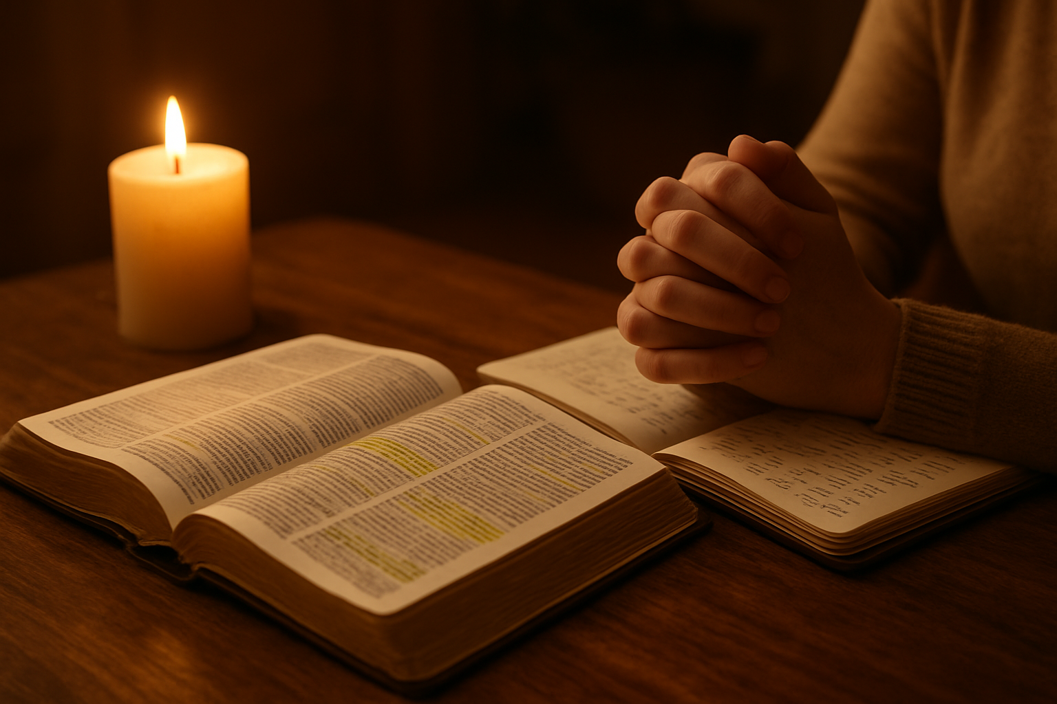 Create a realistic image of an open Bible with highlighted verses on a wooden table, surrounded by a lit candle, a journal with handwritten notes, and folded hands of a white female in prayer position, set in a cozy indoor setting with warm golden lighting creating a peaceful and contemplative atmosphere, absolutely NO text should be in the scene.