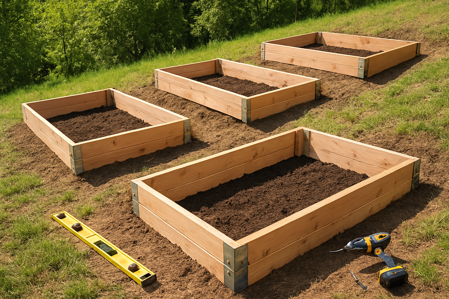 Create a realistic image of wooden raised garden bed frames being constructed on a sloped hillside, showing multiple rectangular cedar or pine lumber frames at different levels following the natural contour of the slope, with metal brackets and corner joints visible for structural stability, some frames partially filled with dark soil, set against a backdrop of green grass and trees, bright natural daylight illuminating the scene, garden tools like a level and drill scattered nearby on the ground, absolutely NO text should be in the scene.