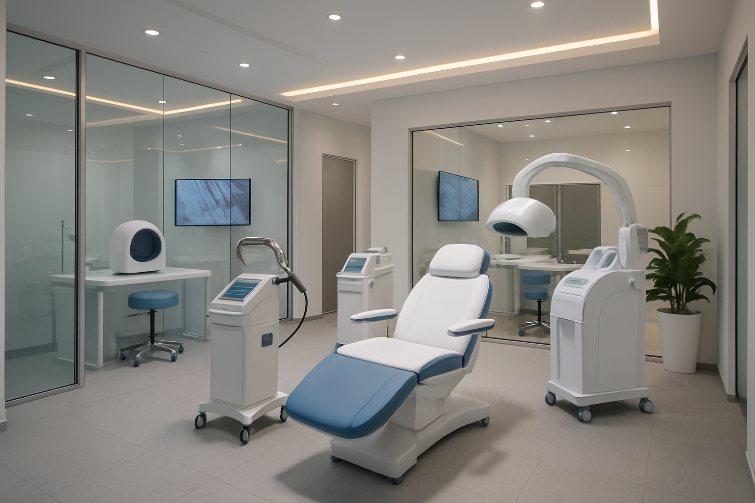 Create a realistic image of a modern, upscale hair treatment clinic interior featuring state-of-the-art non-surgical hair restoration equipment including laser therapy devices and scalp treatment machines, with sleek white and blue medical furniture, professional treatment chairs, advanced hair analysis technology displays, clean minimalist design with glass panels, warm LED lighting creating a welcoming atmosphere, potted plants adding a touch of nature, and a professional clinical environment that conveys expertise and innovation in hair loss treatments, shot from a wide angle to showcase the comprehensive facility layout, absolutely NO text should be in the scene.