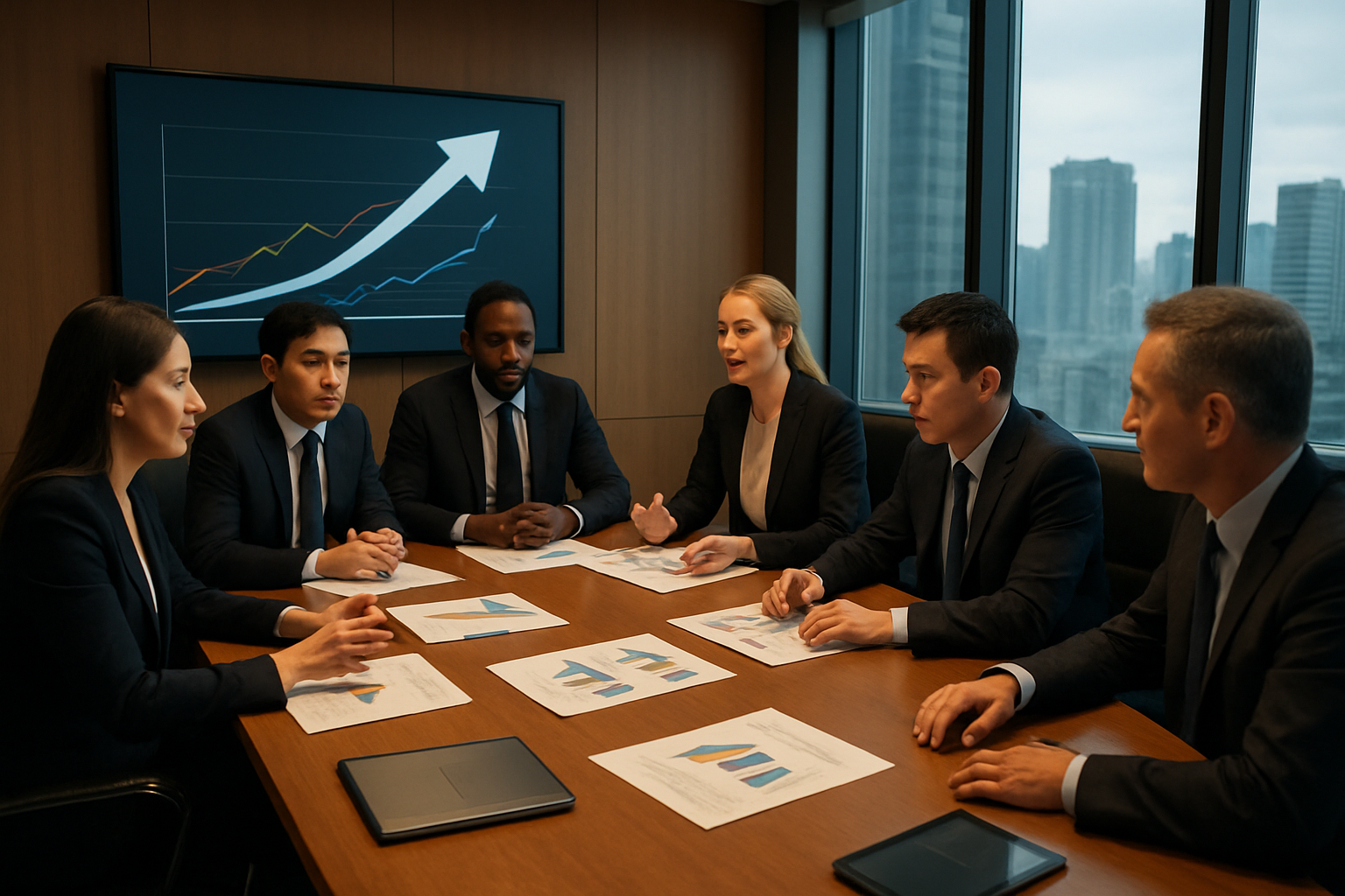 Create a realistic image of a modern corporate boardroom with a large conference table where diverse business executives are gathered around strategic planning documents and charts showing market trends, with a prominent pivot chart or direction arrow diagram on a wall-mounted screen, featuring warm professional lighting that emphasizes decision-making atmosphere, include a mix of white and Asian male and female executives in business attire engaged in strategic discussion, with laptops and tablets on the table, set against a backdrop of floor-to-ceiling windows showing a city skyline, conveying a sense of strategic transformation and business agility, absolutely NO text should be in the scene.