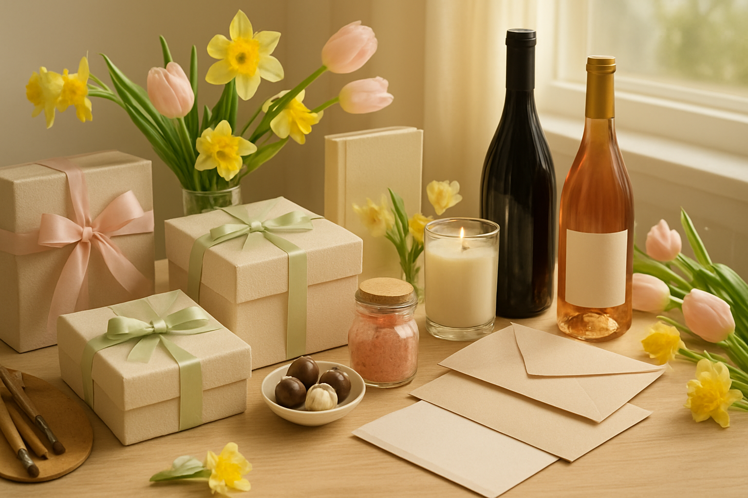 Create a realistic image of an elegant Easter-themed gift display featuring a beautifully arranged collection of premium gifts on a light wooden table, including wrapped keepsake boxes with pastel ribbons, luxurious spa items like scented candles and bath salts, gourmet chocolates and wine bottles, hobby-related items like art supplies or books, and experience gift certificates in decorative envelopes, all surrounded by soft spring flowers like tulips and daffodils, with warm natural lighting streaming through a window creating a cozy and inviting atmosphere, shot from a slightly elevated angle to showcase the thoughtful arrangement, absolutely NO text should be in the scene.