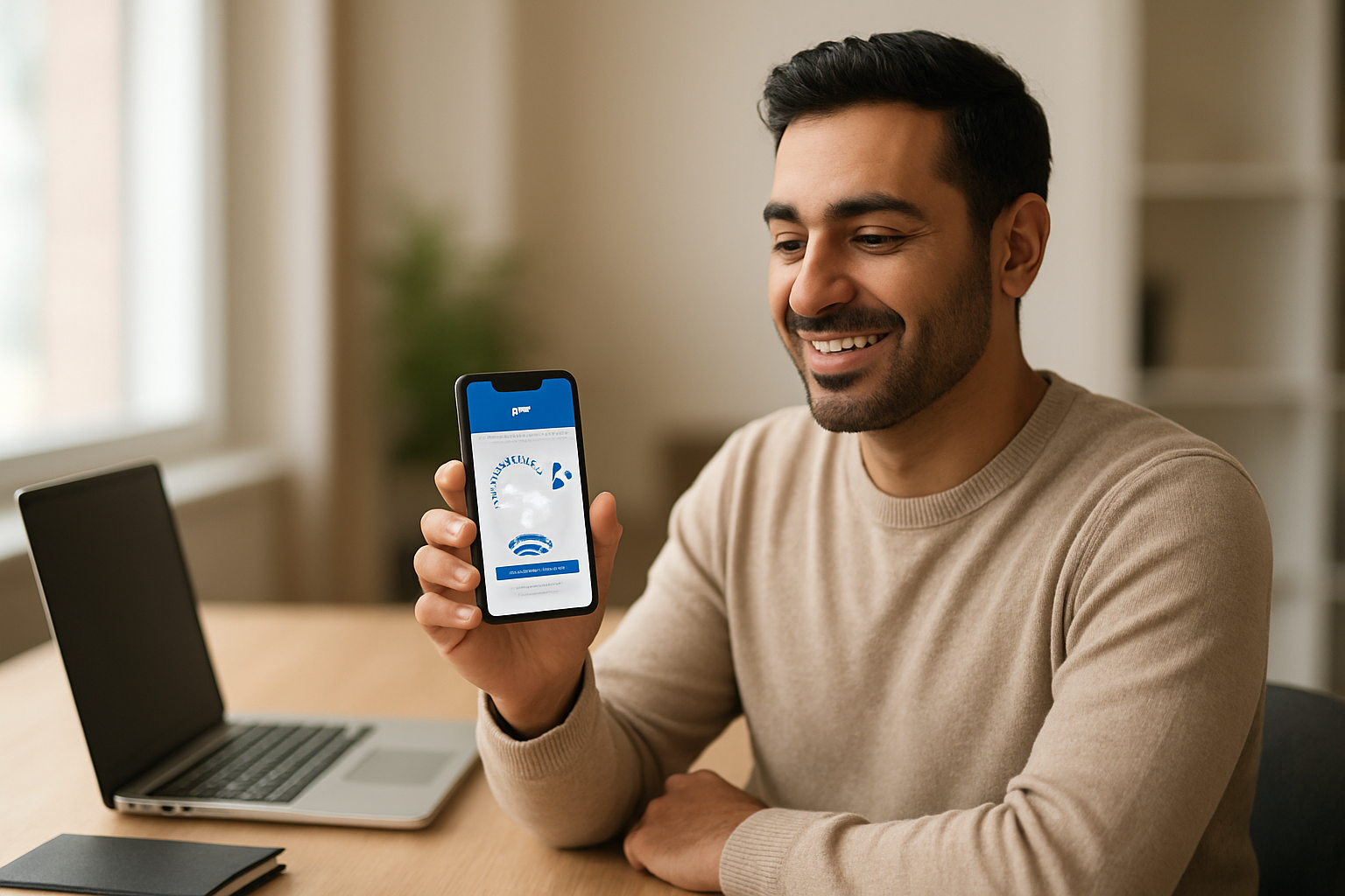 Create a realistic image of a middle eastern male sitting comfortably at a modern desk with a smartphone in his hand, showing a transportation booking app interface on the screen, with a clean and organized workspace featuring a laptop computer open beside him, soft natural lighting from a window, warm and welcoming atmosphere suggesting ease and convenience, blurred background of a contemporary office or home setting, the person appearing relaxed and satisfied while completing a digital booking process, absolutely NO text should be in the scene.