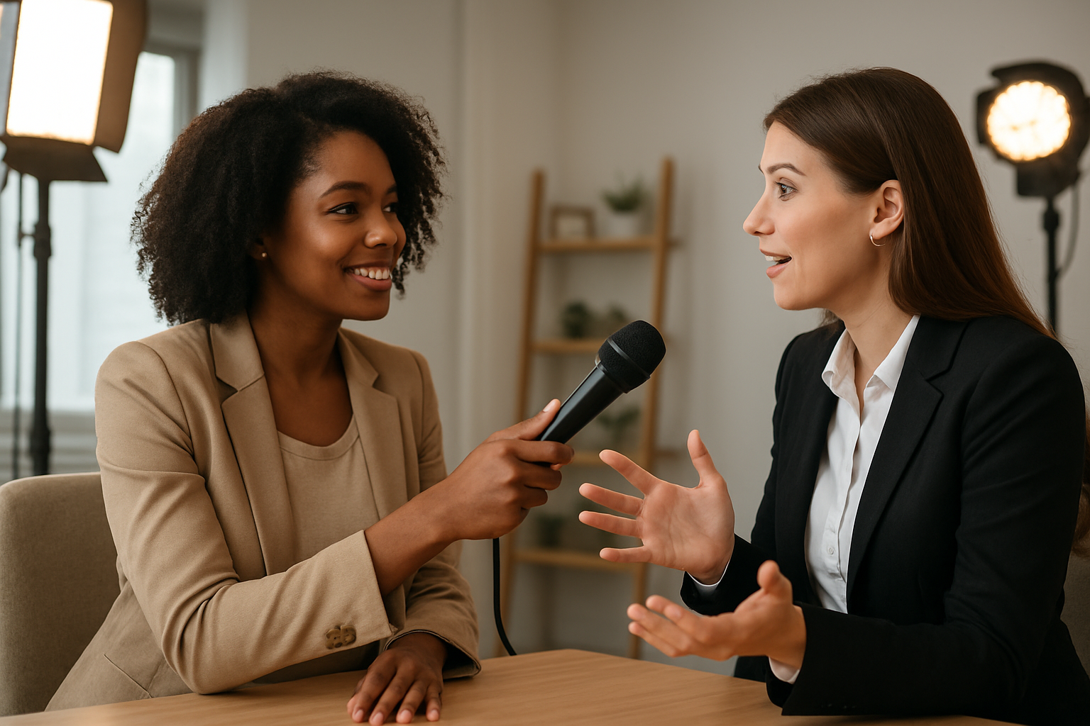 Create a realistic image of two diverse women, one black female and one white female, sitting across from each other in a bright, modern studio setting with professional lighting, one woman holding a microphone while the other gestures expressively during what appears to be an interview or podcast recording, with warm lighting creating an engaging atmosphere, camera equipment visible in the background suggesting a professional video production setup, both women dressed professionally and appearing confident and animated in conversation, absolutely NO text should be in the scene.