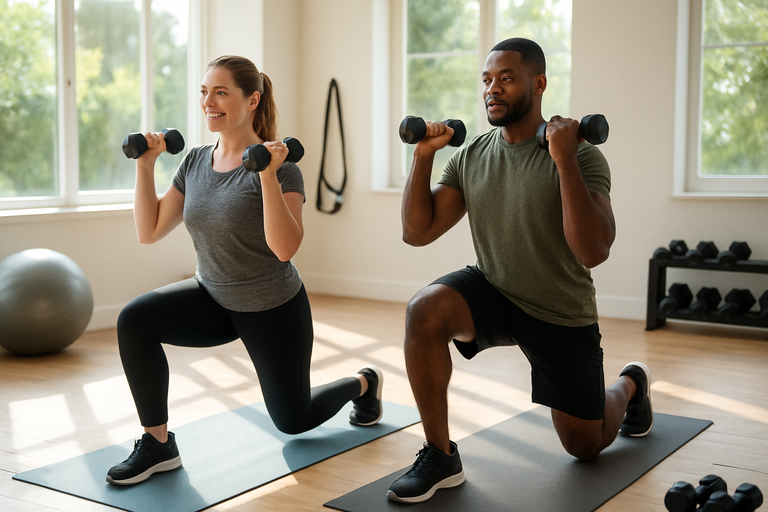 Create a realistic image of a diverse group including a white female and black male in comfortable athletic wear exercising together in a bright, modern home gym setting with yoga mats, dumbbells, and resistance bands visible, natural sunlight streaming through large windows creating a motivating and welcoming atmosphere that emphasizes consistency and long-term fitness commitment, absolutely NO text should be in the scene.