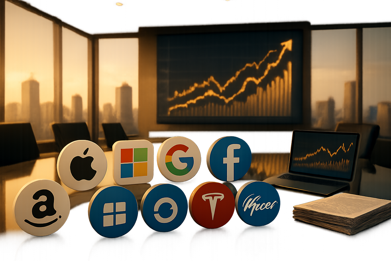 Create a realistic image of a professional business scene showing multiple corporate logos and brand symbols arranged on a sleek glass conference table, with financial charts and graphs displaying upward trending arrows in the background, warm office lighting illuminating the scene, modern corporate boardroom setting with large windows showing a city skyline, golden and blue color tones suggesting success and stability, stack of financial documents and a laptop displaying stock market data nearby, absolutely NO text should be in the scene.