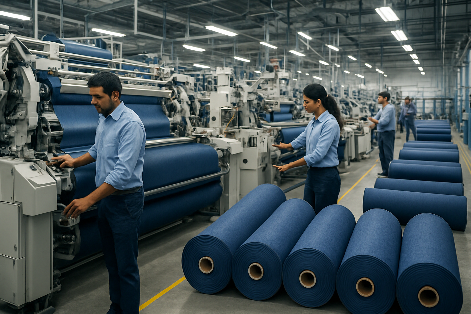 Create a realistic image of a modern Indian denim manufacturing facility showcasing industrial excellence, featuring large automated weaving machines and cutting-edge textile equipment producing high-quality denim fabric, with Indian male and female workers in professional attire operating sophisticated machinery, rolls of premium blue denim fabric neatly arranged in the foreground, bright industrial lighting illuminating the clean and organized factory floor, conveying a sense of precision, quality, and technological advancement in textile manufacturing, absolutely NO text should be in the scene.