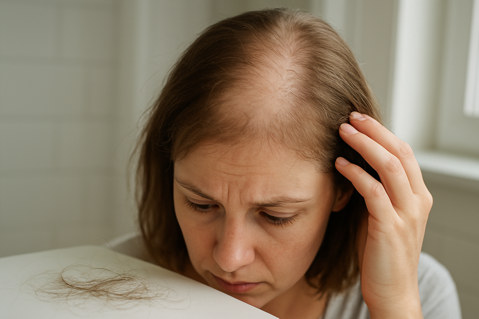 Create a realistic image of a close-up view of a white female's scalp and hair showing visible signs of thinning and hair loss, with areas where the scalp is more visible through sparse hair strands, some loose hair strands on a pillow or surface nearby, soft natural lighting from a window, concerned expression partially visible, clean bathroom or bedroom background, medical consultation atmosphere suggesting health awareness, Absolutely NO text should be in the scene.