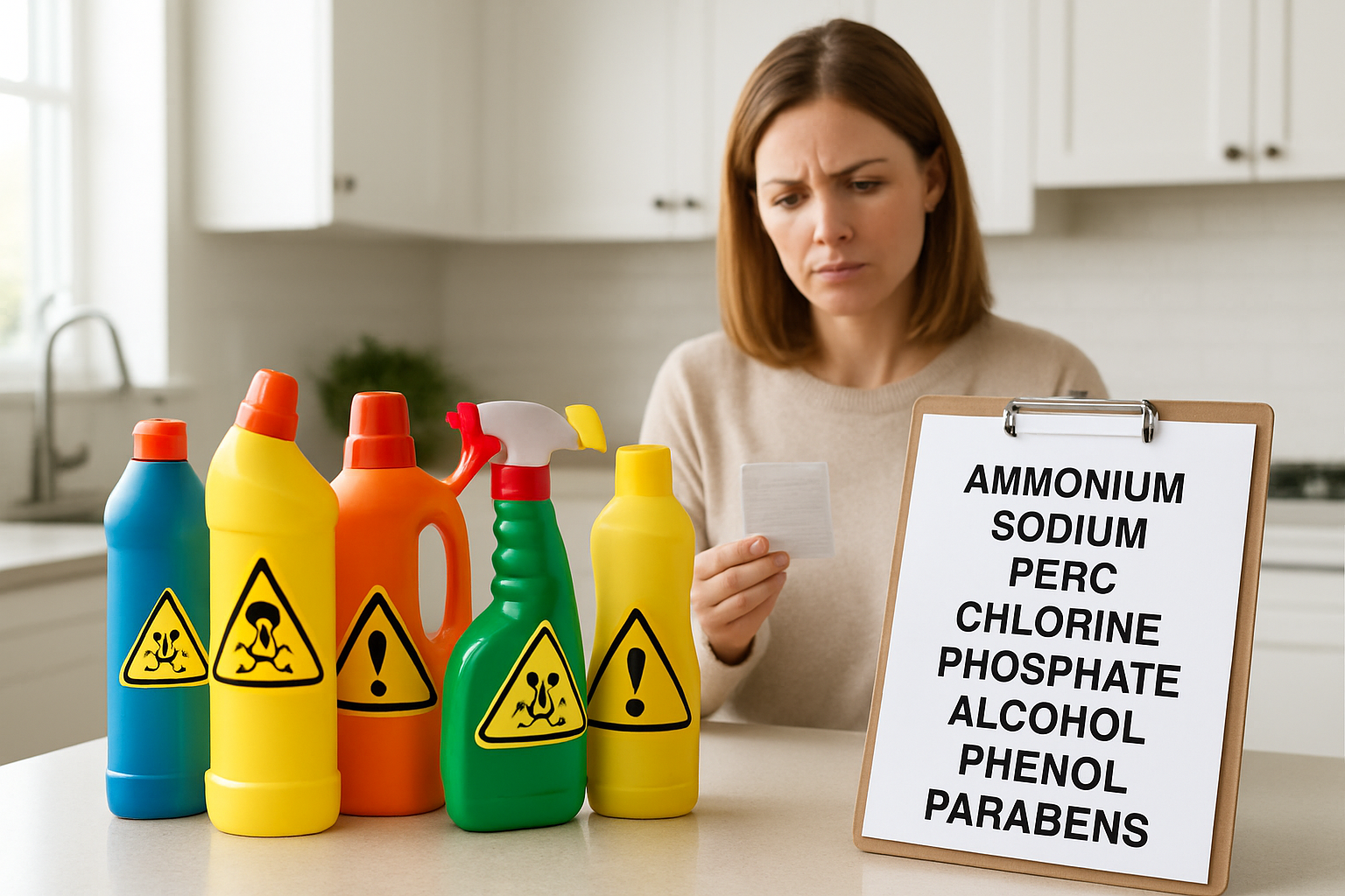 Create a realistic image of various conventional cleaning product bottles and containers with bright warning labels and chemical symbols, arranged on a kitchen counter next to a list of harmful chemical ingredient names on a clipboard, with a concerned white female homeowner in the background reading product labels carefully, soft natural lighting from a window, clean modern kitchen setting with white cabinets, focus on the contrast between the colorful commercial cleaning products and the educational materials about dangerous ingredients, absolutely NO text should be in the scene.