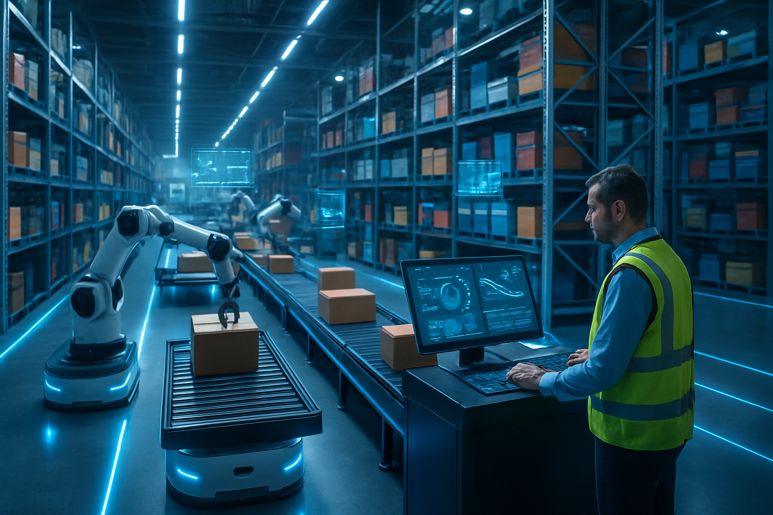Create a realistic image of a modern high-tech warehouse interior showcasing AI automation with robotic arms sorting packages on conveyor belts, autonomous mobile robots navigating between tall storage racks filled with colorful boxes, holographic data displays floating above workstations, blue LED lighting strips illuminating the pathways, a white male supervisor in safety vest monitoring operations from a digital control panel, sleek metallic surfaces, organized inventory shelves extending into the background, clean industrial environment with bright overhead lighting creating a futuristic atmosphere, absolutely NO text should be in the scene.