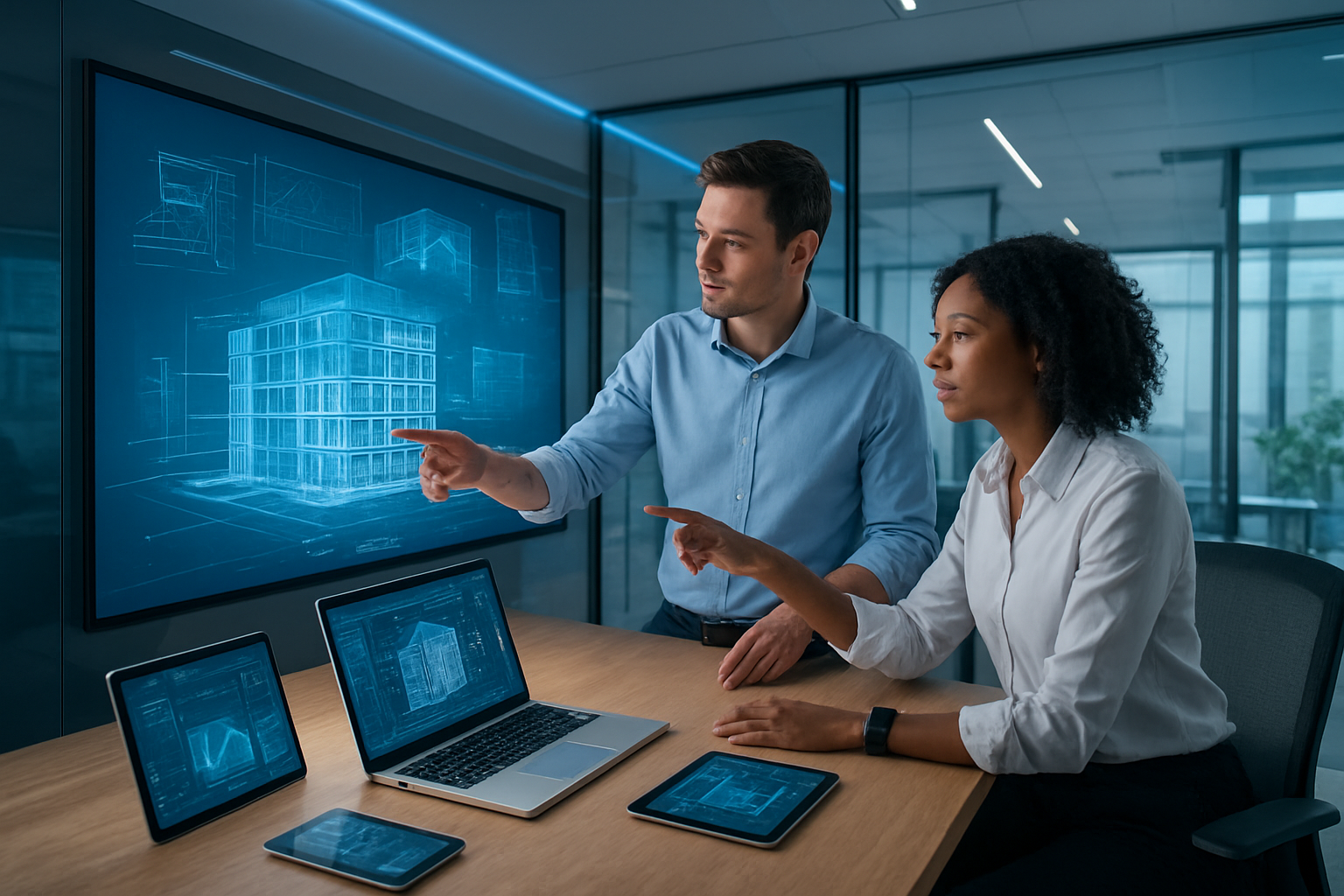 Create a realistic image of a modern architectural design studio where AI technology is transforming traditional construction planning, featuring a large interactive digital display showing 3D building models and blueprints, holographic projections of construction designs floating in the air, sleek computers with AI software interfaces displaying structural analysis, a white male architect and a black female engineer collaborating while pointing at the digital models, modern minimalist office environment with glass walls and contemporary furniture, bright natural lighting streaming through large windows, high-tech atmosphere with blue and white LED accent lighting, tablets and smart devices scattered on the desk showing construction data visualizations, absolutely NO text should be in the scene.