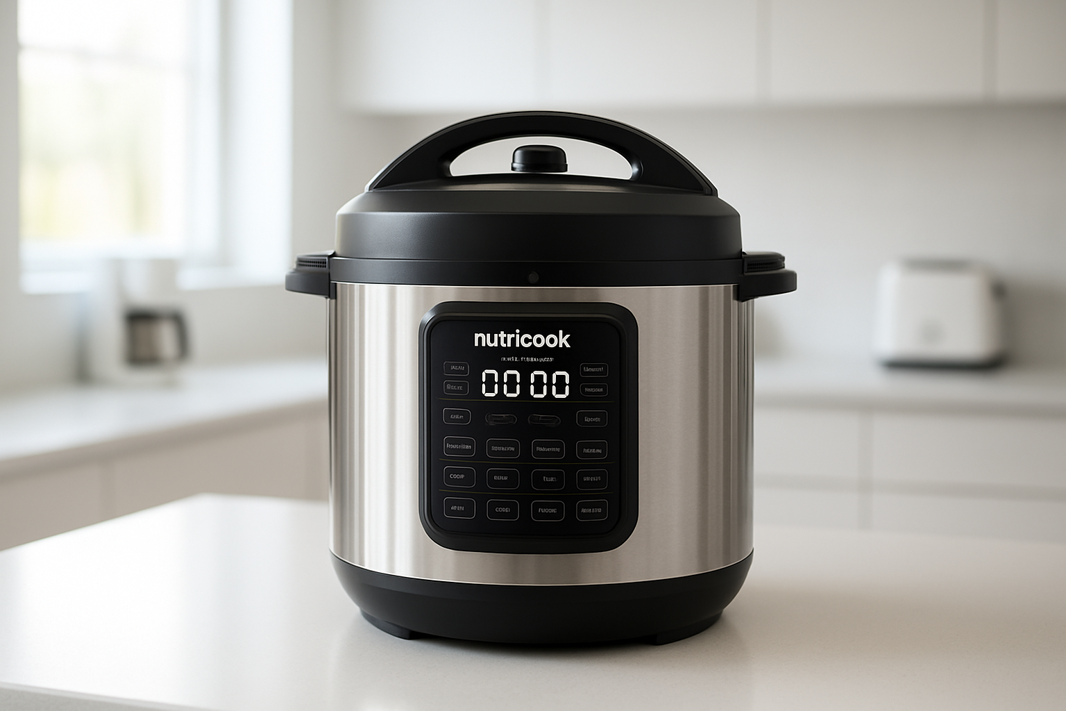 Create a realistic image of a modern Nutricook Smart Pot electric pressure cooker prominently displayed on a clean white kitchen countertop, showing its sleek stainless steel body, digital control panel with LED display, safety locking lid, and steam release valve, with subtle kitchen appliances blurred in the background, bright natural lighting from a nearby window creating soft shadows, and a minimalist modern kitchen setting that emphasizes the pressure cooker's key features and specifications in a product showcase style, absolutely NO text should be in the scene.