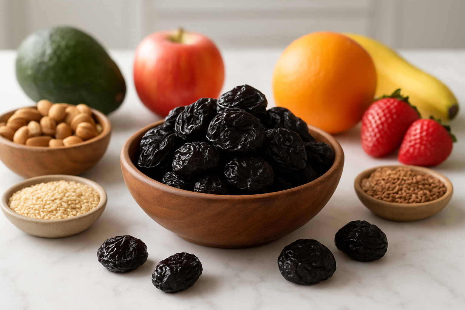 Create a realistic image of a wooden bowl filled with dark purple dried prunes as the central focus, surrounded by fresh nutritious foods like nuts, seeds, and colorful fruits on a clean white marble countertop, with soft natural lighting from a window creating gentle shadows, showcasing the health and wellness theme of nutritional benefits, with a few prunes scattered artfully around the bowl, and a subtle background of a modern kitchen setting, absolutely NO text should be in the scene.