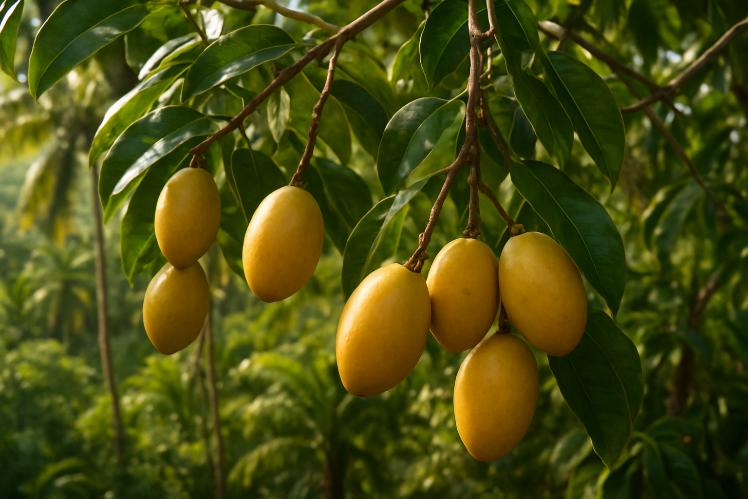 Create a realistic image of fresh ambarella fruits hanging from tropical tree branches in their natural habitat, showcasing the golden-yellow oval-shaped fruits with smooth skin among lush green foliage, set against a vibrant tropical background with palm trees and exotic vegetation, warm sunlight filtering through the canopy creating dappled lighting effects, emphasizing the exotic and tropical origins of this lesser-known fruit, absolutely NO text should be in the scene.