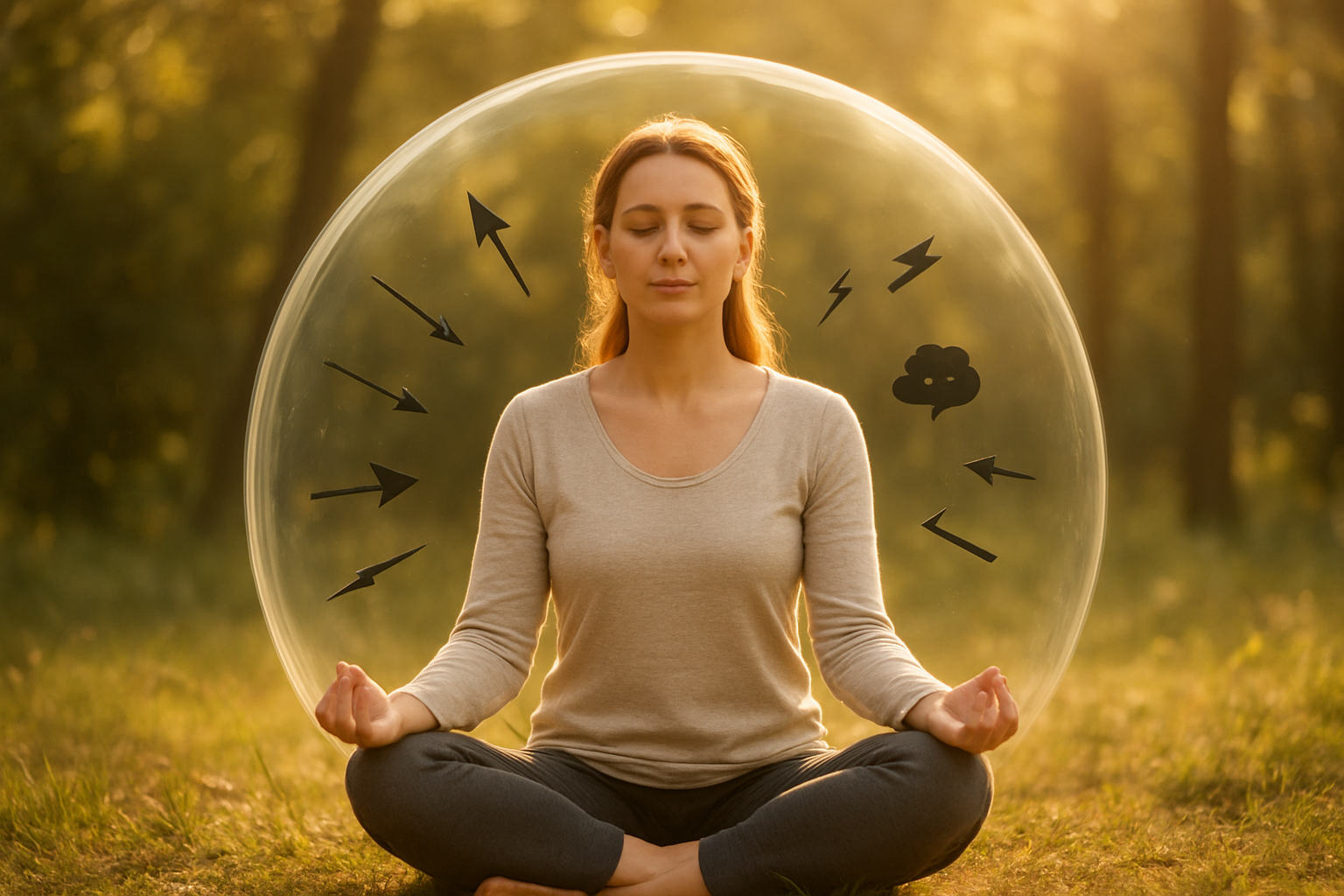 Create a realistic image of a serene adult white female in her 30s sitting peacefully in meditation pose with her eyes closed and a calm expression, surrounded by a protective translucent energy shield or bubble that deflects small arrows and negative symbols bouncing off harmlessly, set in a tranquil natural environment with soft sunlight filtering through trees, creating a sense of inner peace and emotional protection, with warm golden lighting that emphasizes the concept of not absorbing external negativity, absolutely NO text should be in the scene.