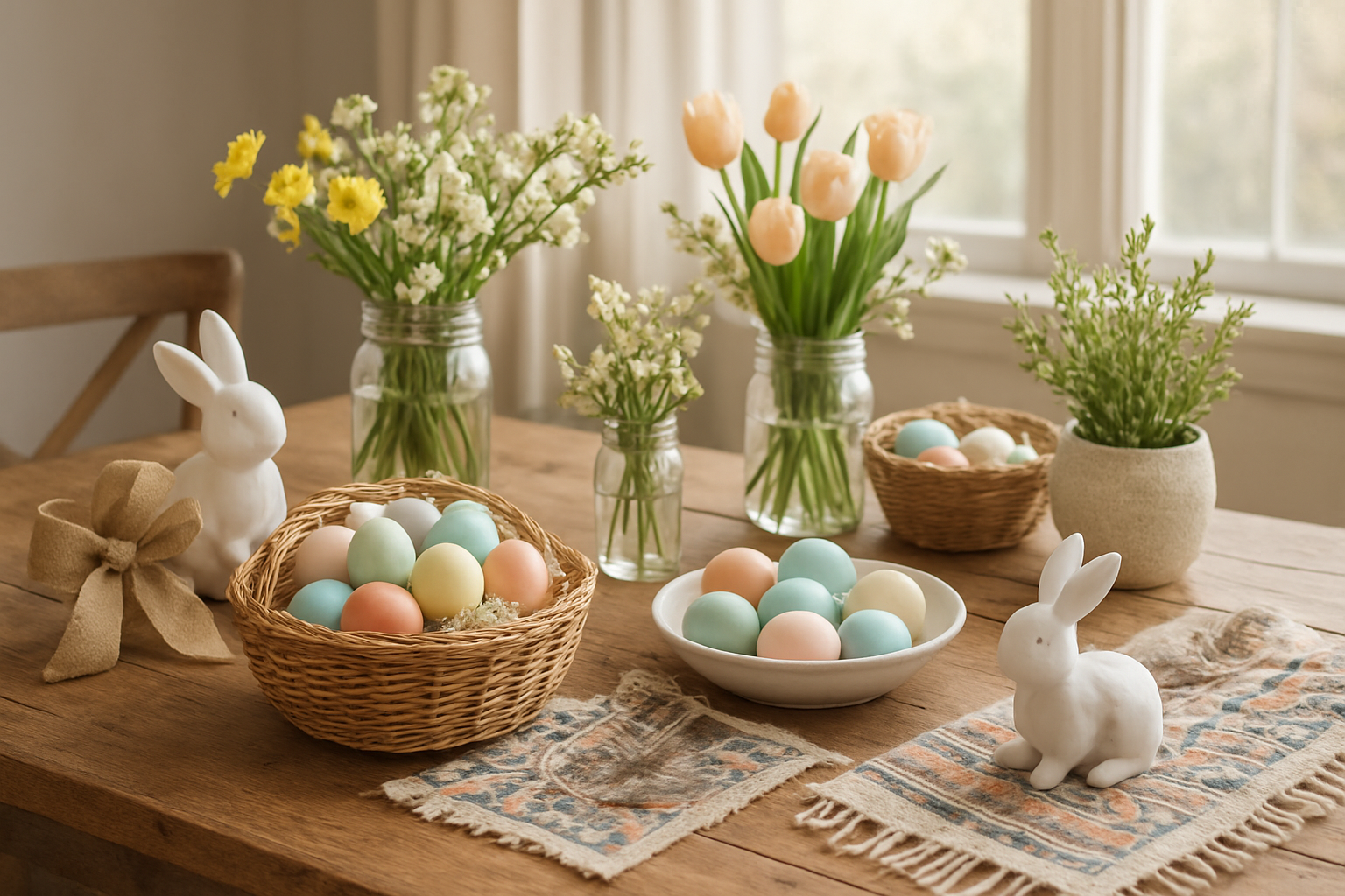 Create a realistic image of a beautifully arranged Easter display showcasing multiple decorating styles on a large rustic wooden table, featuring traditional pastel colored eggs in elegant baskets, modern minimalist white ceramic bunnies, farmhouse-style burlap ribbons and mason jars with spring flowers, bohemian patterned textiles and feathers, and potted spring plants, all arranged harmoniously together in a bright sunlit room with soft natural lighting streaming through a window, creating a warm and inviting atmosphere that celebrates the diversity of Easter decorating approaches, absolutely NO text should be in the scene.