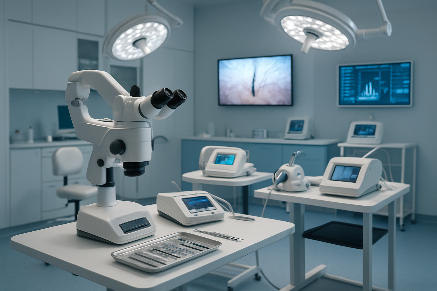Create a realistic image of a modern medical clinic interior showcasing advanced hair transplant equipment and technology, featuring sophisticated medical devices like microscopes, precision surgical tools, and state-of-the-art hair transplant instruments arranged on sterile medical tables, with a clean white and blue color scheme, professional medical lighting, minimalist design elements, and a background showing parts of a well-equipped procedure room with medical monitors and advanced technology displays, conveying a sense of cutting-edge medical innovation and professional healthcare excellence, absolutely NO text should be in the scene.