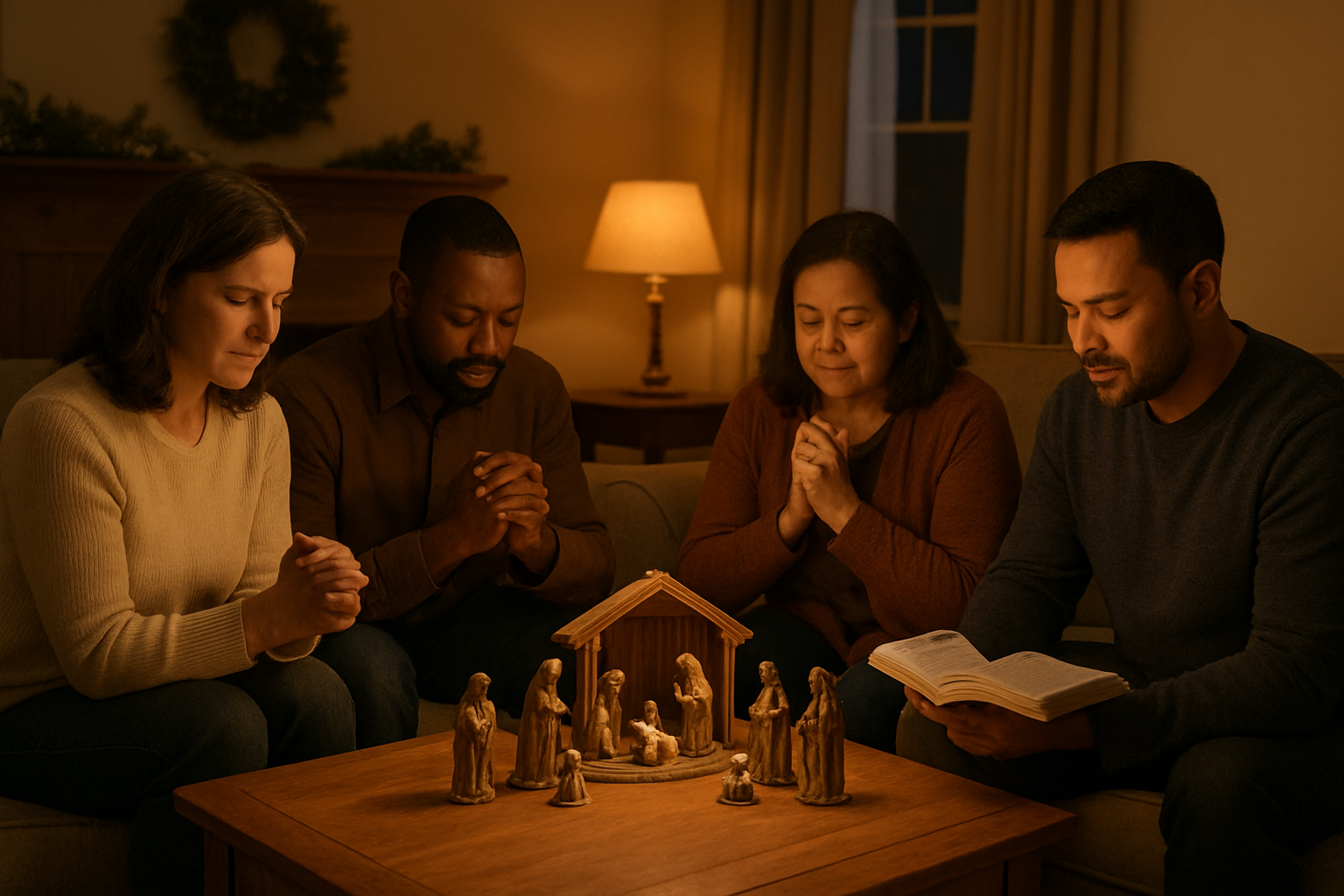 Create a realistic image of a diverse group of people including white, black, and Hispanic men and women of various ages sitting in a warm, softly lit living room during evening hours, engaged in peaceful reflection and prayer around a simple nativity scene placed on a wooden coffee table, with gentle golden lamplight creating a serene atmosphere, some people holding Bibles or with hands folded in prayer, faces showing expressions of contemplation and spiritual peace, background featuring a cozy home setting with warm earth tones, soft shadows, and minimal Christmas decorations that emphasize the spiritual rather than commercial aspects, absolutely NO text should be in the scene.
