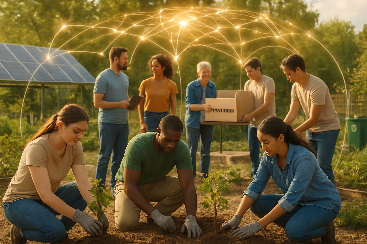Create a realistic image of diverse group of people including white, black, and Hispanic males and females of various ages working together in a modern community space, with some individuals planting trees in the foreground while others organize donation boxes and coordinate volunteer activities in the background, showing interconnected circles of light emanating from each person's actions that merge into a larger glowing network above them, set in a bright outdoor community garden with solar panels and recycling stations visible, warm natural lighting suggesting hope and collaboration, capturing the transformation from individual efforts into collective community impact, absolutely NO text should be in the scene.