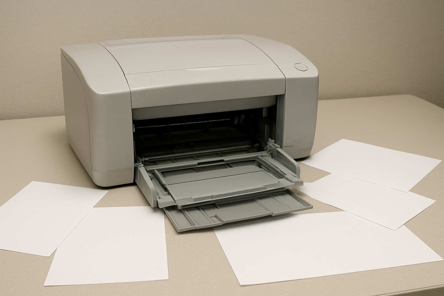 Create a realistic image of a Canon 2006n printer on a clean office desk with its paper tray pulled out and empty, showing visible paper feed rollers and mechanisms inside the printer, with scattered blank white paper sheets around the printer base indicating paper feeding issues, under bright fluorescent office lighting with a neutral beige wall background, absolutely NO text should be in the scene.