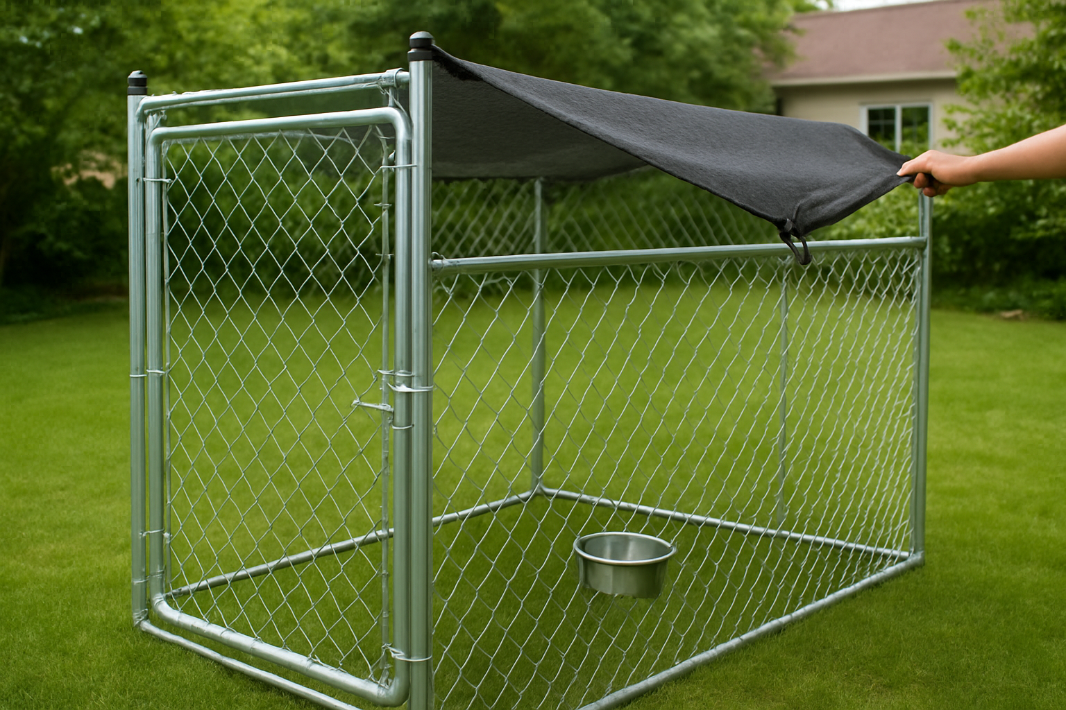 Create a realistic image of a partially completed chain link dog kennel with safety and convenience features being added, showing a latch mechanism on a gate, water bowl attachment, shade cloth being installed on top portion, and rubber caps on fence post tops, set in a backyard environment with green grass, natural daylight, and a residential house visible in the background, absolutely NO text should be in the scene.