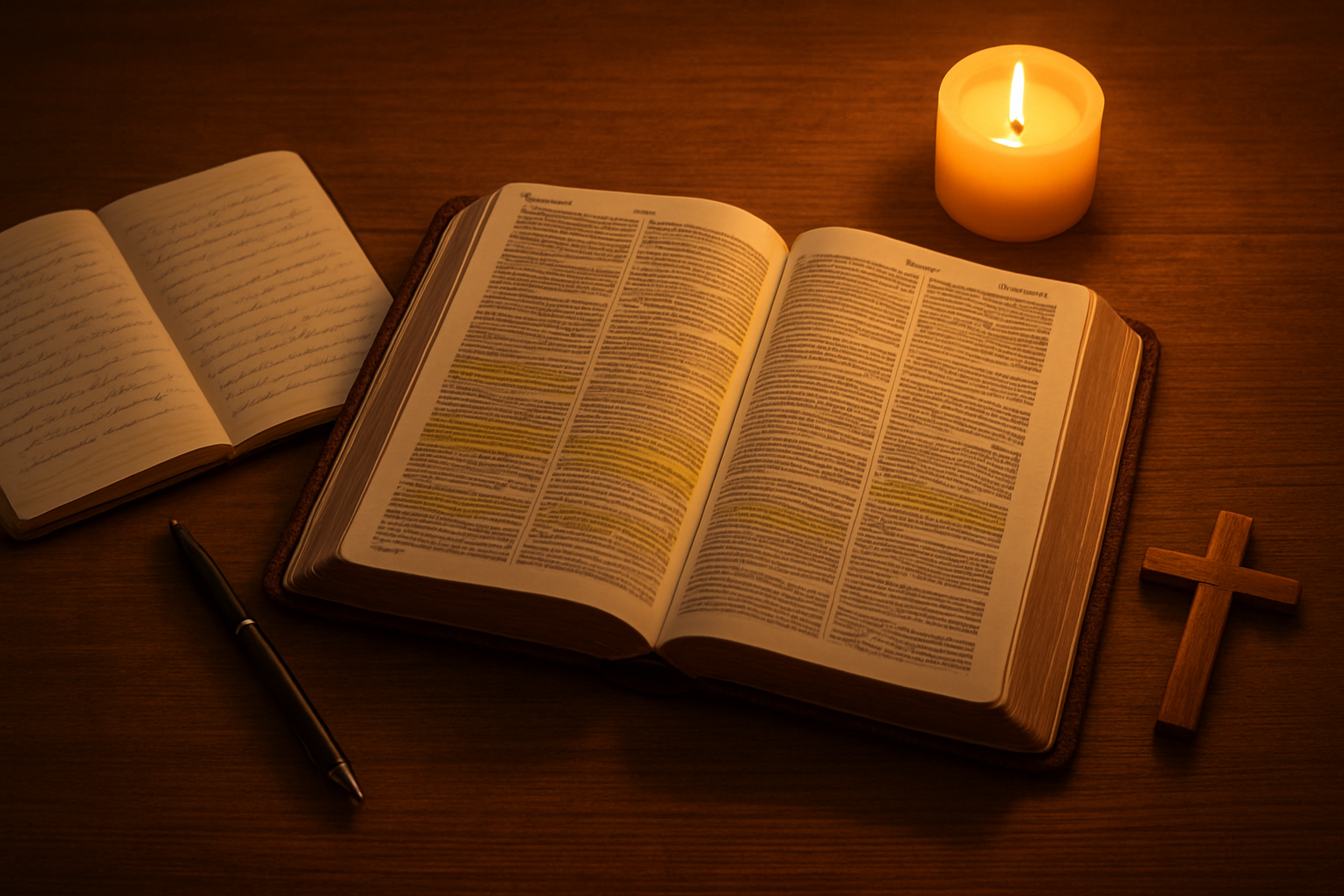 Create a realistic image of an open Bible with highlighted verses on a wooden desk, surrounded by a notebook with handwritten notes, a pen, a small cross, and a lit candle, with warm golden lighting creating a peaceful devotional atmosphere, shot from above at a slight angle to show the sacred scripture pages clearly, with soft shadows and a cozy indoor setting that suggests quiet study and prayer time, absolutely NO text should be in the scene.