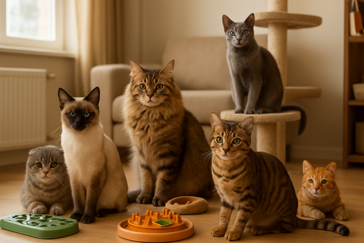 Create a realistic image of multiple intelligent cat breeds sitting together in a comfortable, well-lit living room setting, showcasing various breeds like Siamese, Maine Coon, Bengal, and Scottish Fold cats displaying their alert and curious expressions, with some cats playing with puzzle toys and interactive feeders scattered around, warm natural lighting streaming through a window, cozy home atmosphere with modern furniture in the background, cats positioned at different levels on cat trees and furniture to show their active nature, soft focus on the background to emphasize the cats as the main subjects, absolutely NO text should be in the scene.