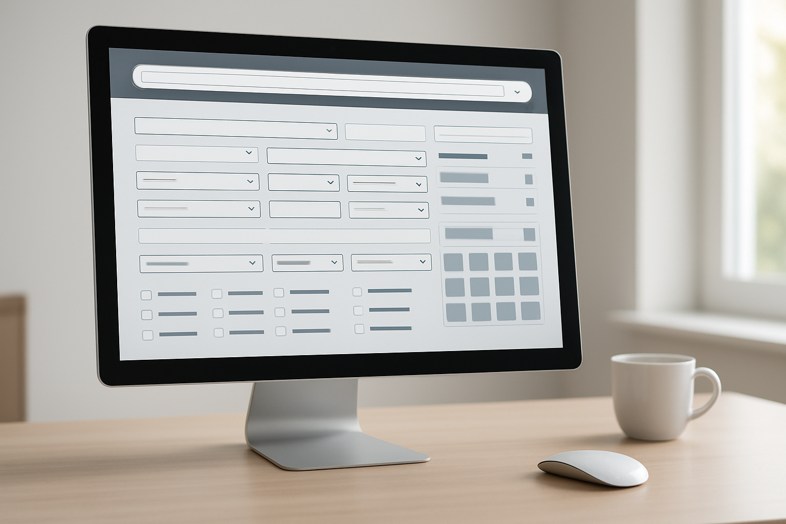 Create a realistic image of a modern computer screen displaying an advanced search interface with multiple dropdown menus, filter options, and search parameter fields visible, positioned on a clean desk in a bright office environment with soft natural lighting from a window, showing various search operators and filtering tools arranged in a sophisticated dashboard layout, with a wireless mouse nearby and a coffee cup on the side, captured from a slightly angled perspective that showcases the detailed interface elements clearly, maintaining a professional and tech-savvy atmosphere with neutral colors and clean aesthetics, absolutely NO text should be in the scene.