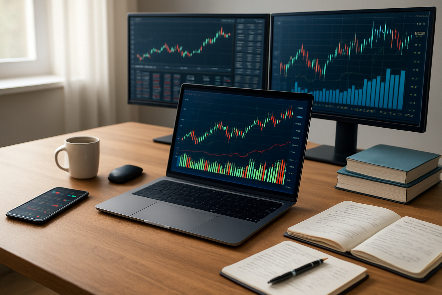 Create a realistic image of a modern workspace setup with a laptop displaying colorful financial charts and graphs on the screen, a smartphone showing trading notifications, multiple monitors with real-time market data visualizations, scattered programming books and notepads with handwritten notes, a coffee cup, and various tech gadgets on a clean wooden desk, soft natural lighting coming through a window, creating a professional and accomplished atmosphere of successful algorithmic trading mastery, absolutely NO text should be in the scene.