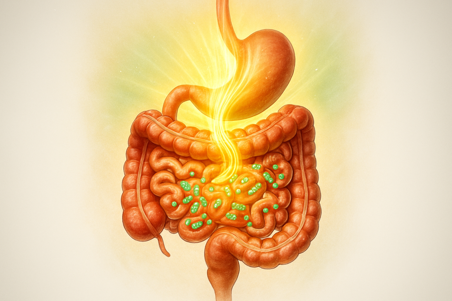 Create a realistic image of a cross-sectional view of human digestive system with glowing energy pathways connecting the gut to the rest of the body, featuring vibrant healthy intestines with beneficial bacteria illustrations, energy waves or light streams flowing upward from the stomach area, warm golden and green lighting to represent vitality and health, medical illustration style with anatomical accuracy, clean white background with subtle energy aura effects, absolutely NO text should be in the scene.