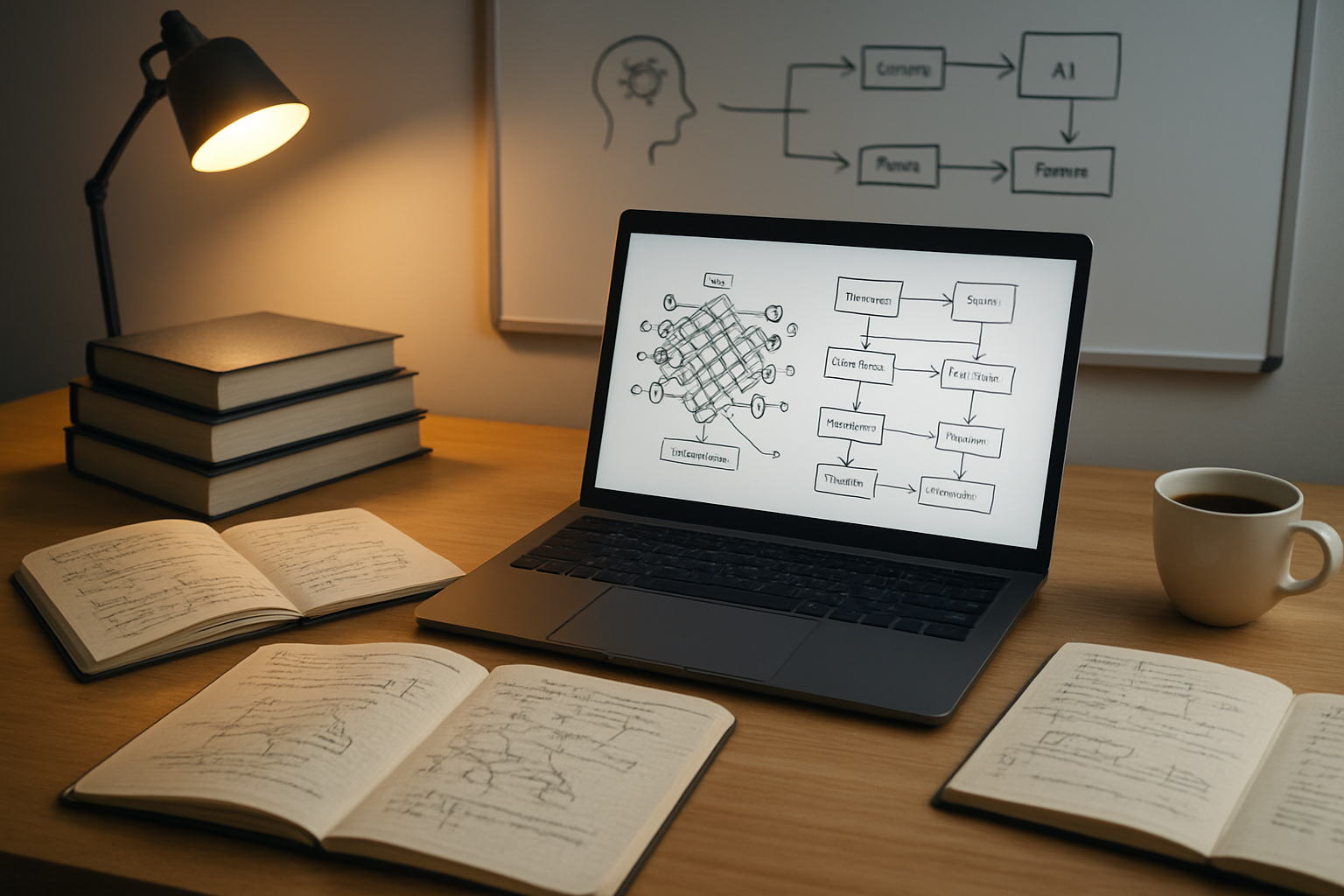 Create a realistic image of a modern workspace showing the foundational components of AI language models, featuring an open laptop displaying neural network architecture diagrams and flowcharts on the screen, surrounded by multiple notebooks with handwritten technical notes and sketches, a stack of computer science textbooks about machine learning and natural language processing, a whiteboard in the background with basic AI concepts and arrows showing data flow, warm ambient lighting from a desk lamp, clean minimalist desk setup with a coffee cup, shot from a slightly elevated angle to show the organized layout of materials, professional tech environment atmosphere, absolutely NO text should be in the scene.