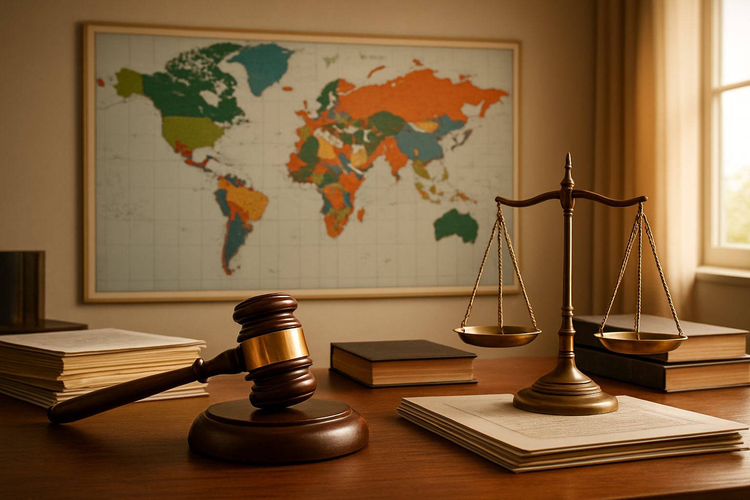 Create a realistic image of a world map displaying different countries highlighted in various colors to represent legal status classifications, with a wooden gavel and legal scales positioned in the foreground, surrounded by official government documents and international law books, set against a professional office background with warm natural lighting from a window, creating a serious and authoritative mood that conveys global legal frameworks and international accessibility regulations, absolutely NO text should be in the scene.